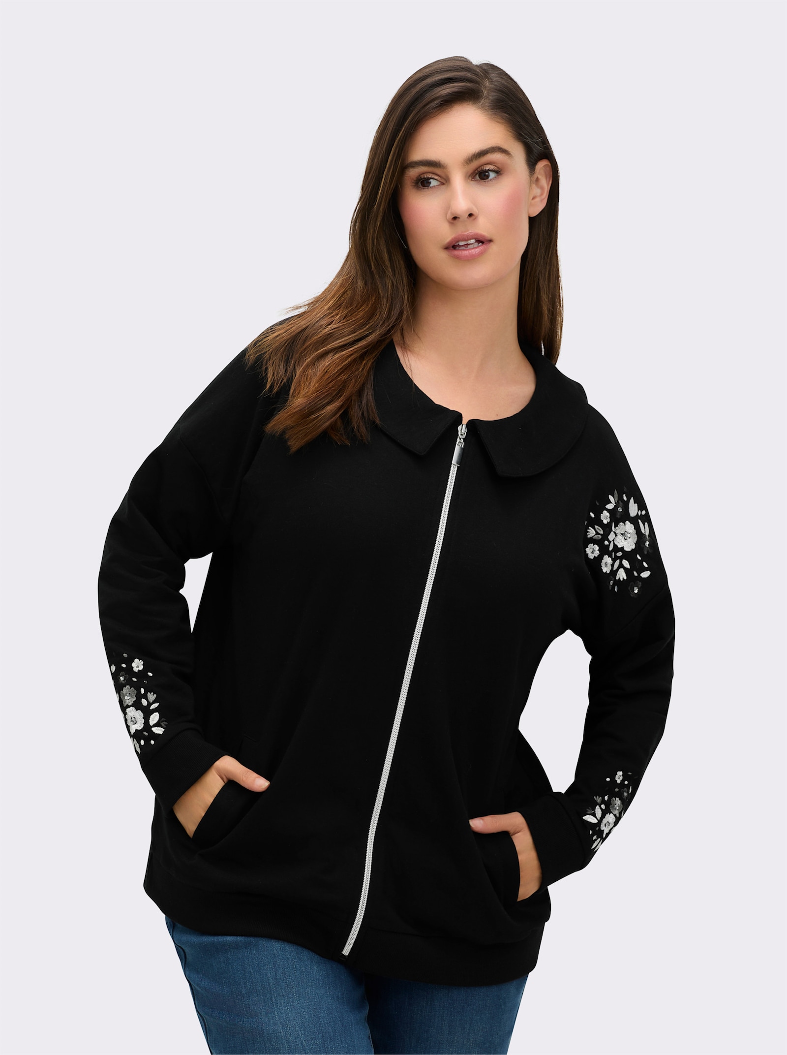 sheego Sweatjacke mit Glitzer-Blumendruck - schwarz