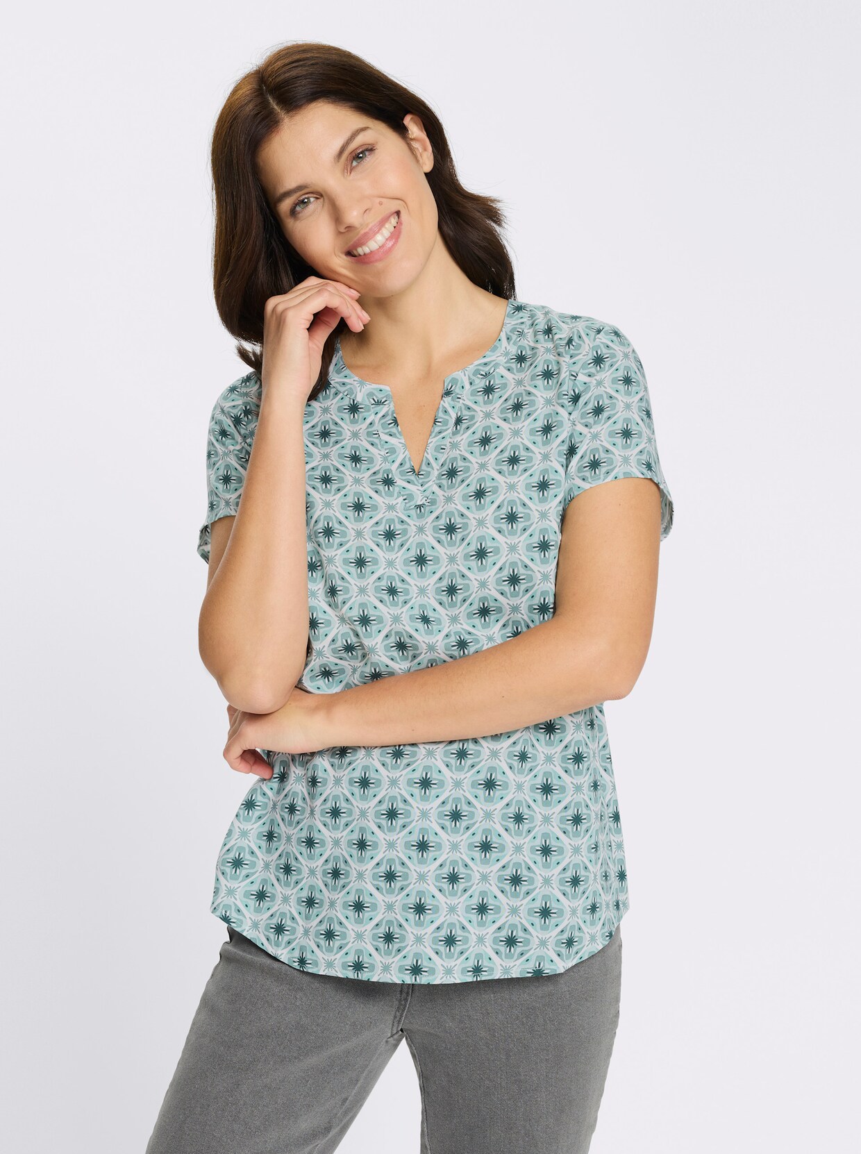 Schlupfbluse mit leicht abgerundetem Saum - jade-ecru-bedruckt