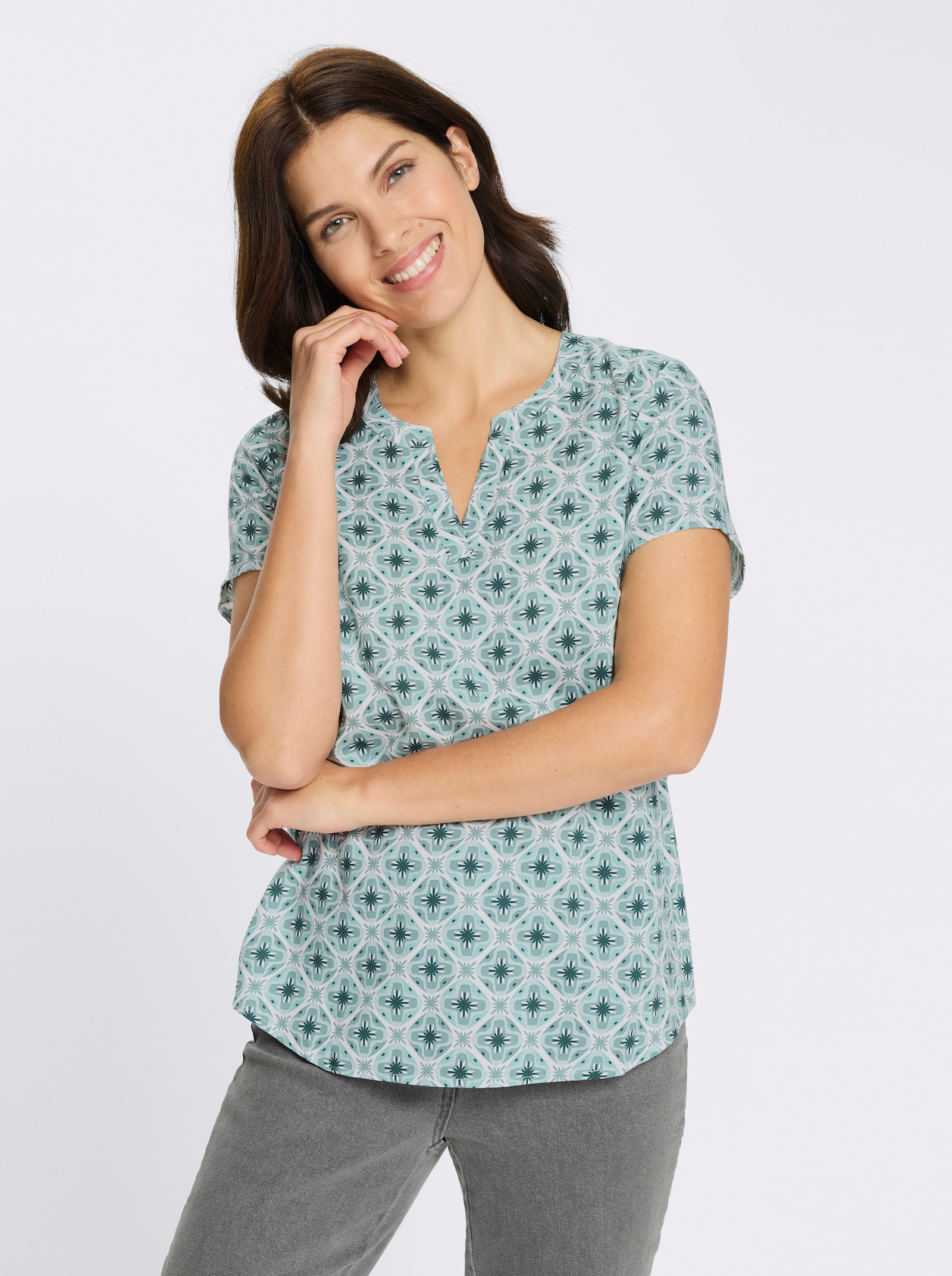 Schlupfbluse mit leicht abgerundetem Saum - jade-ecru-bedruckt