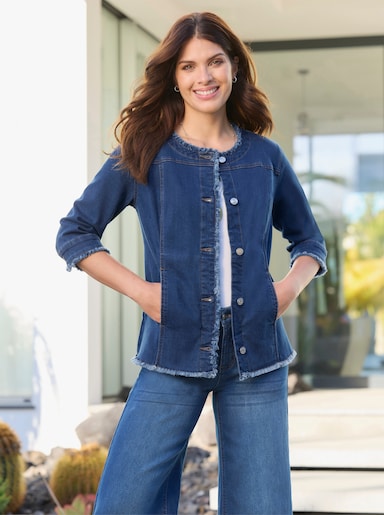 Jeansjacke mit Fransen - blue-stone-washed