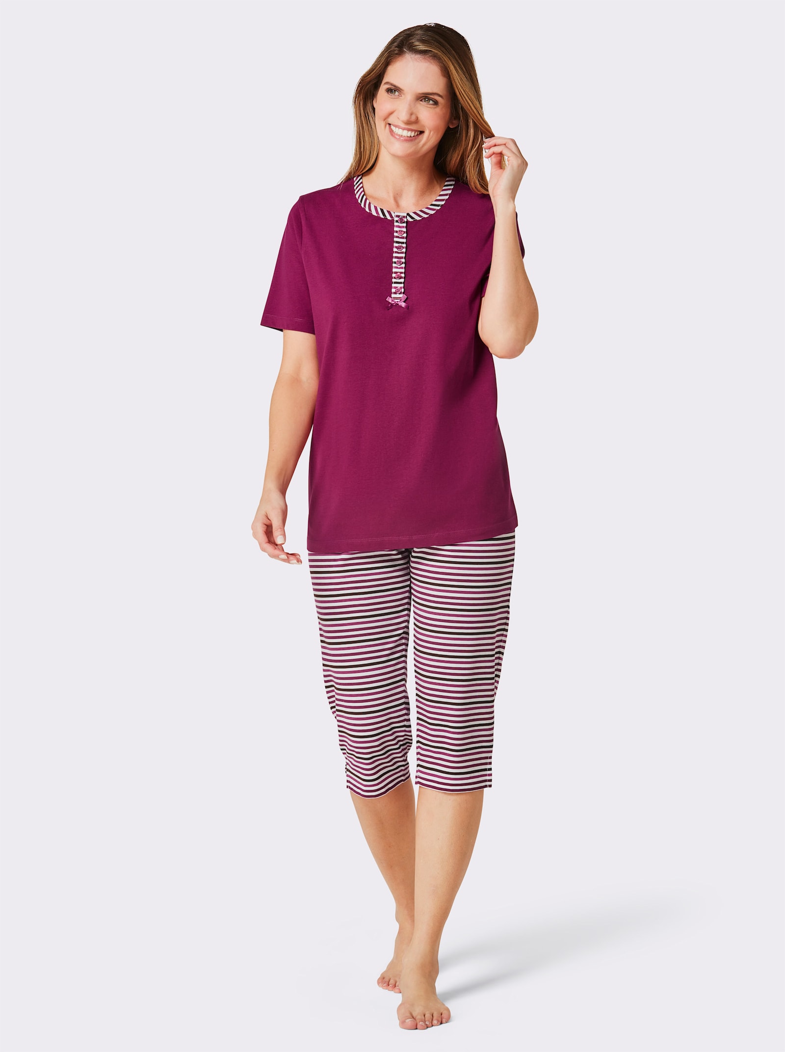wäschepur Capri pyžamá, gombíková lišta - lila + lila pruhy