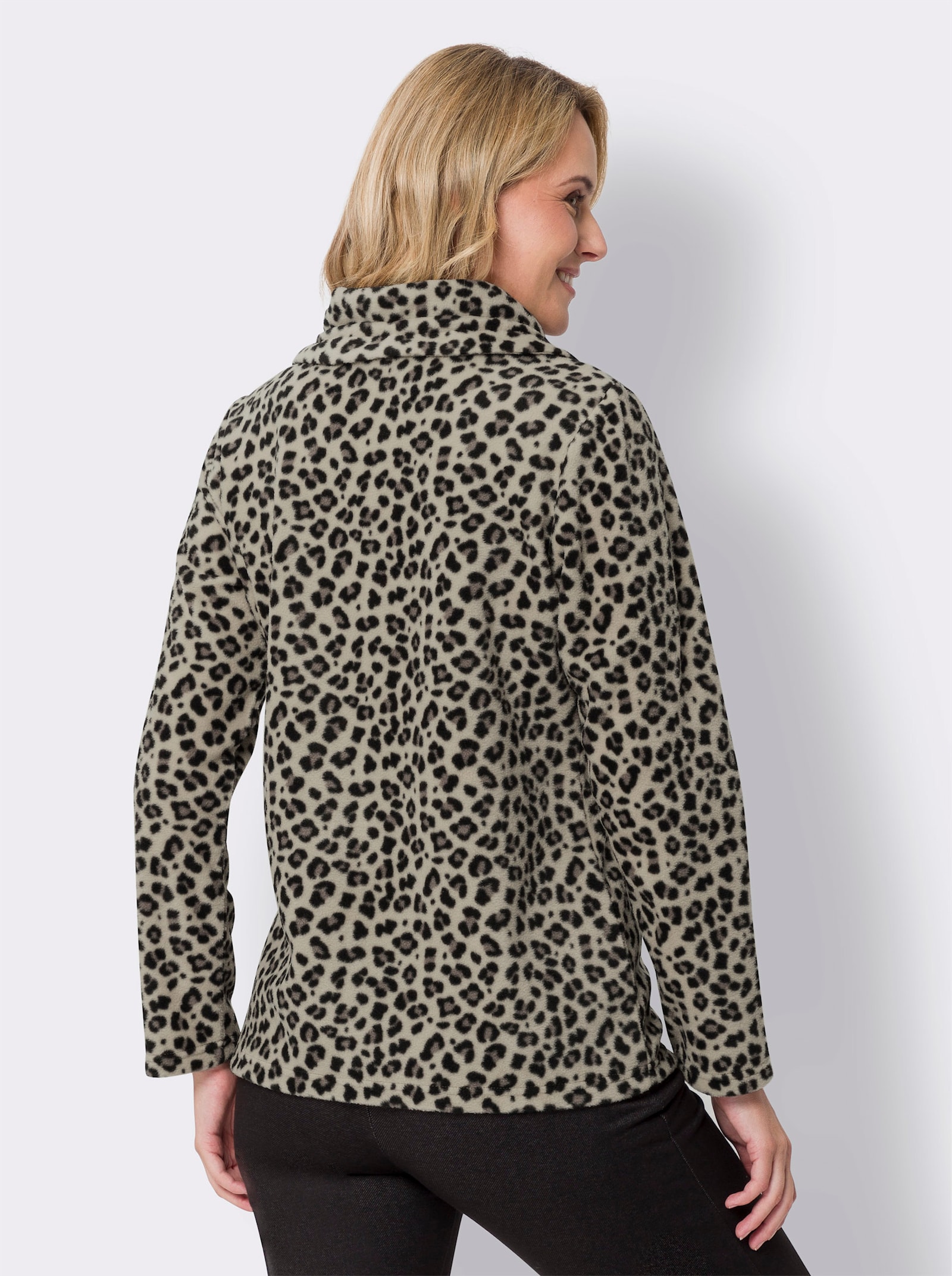 Fleecejacke allover im Leo-Dessin - sand-schwarz-bedruckt