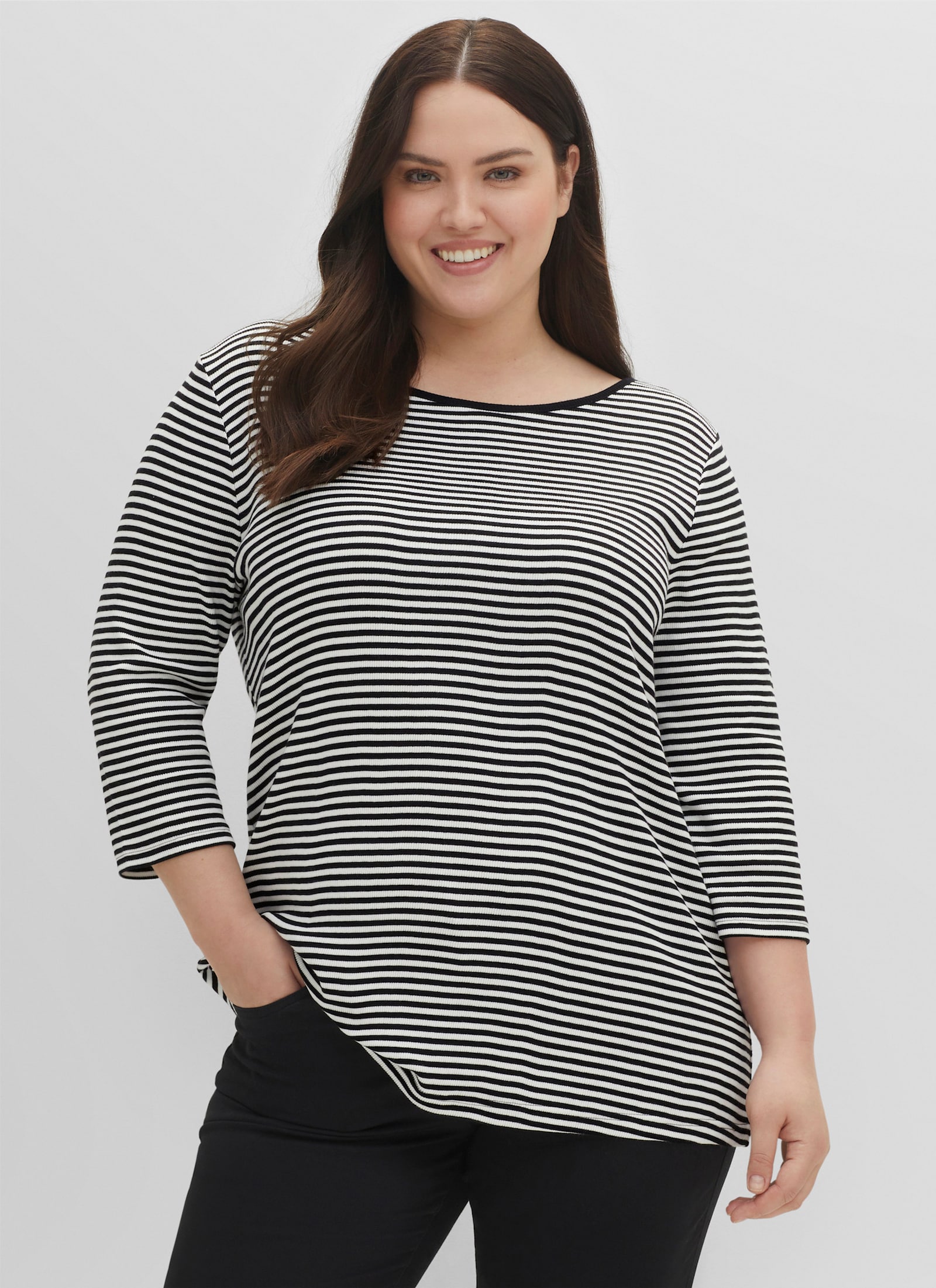 sheego Ringelshirt mit 3/4-Arm - schwarz