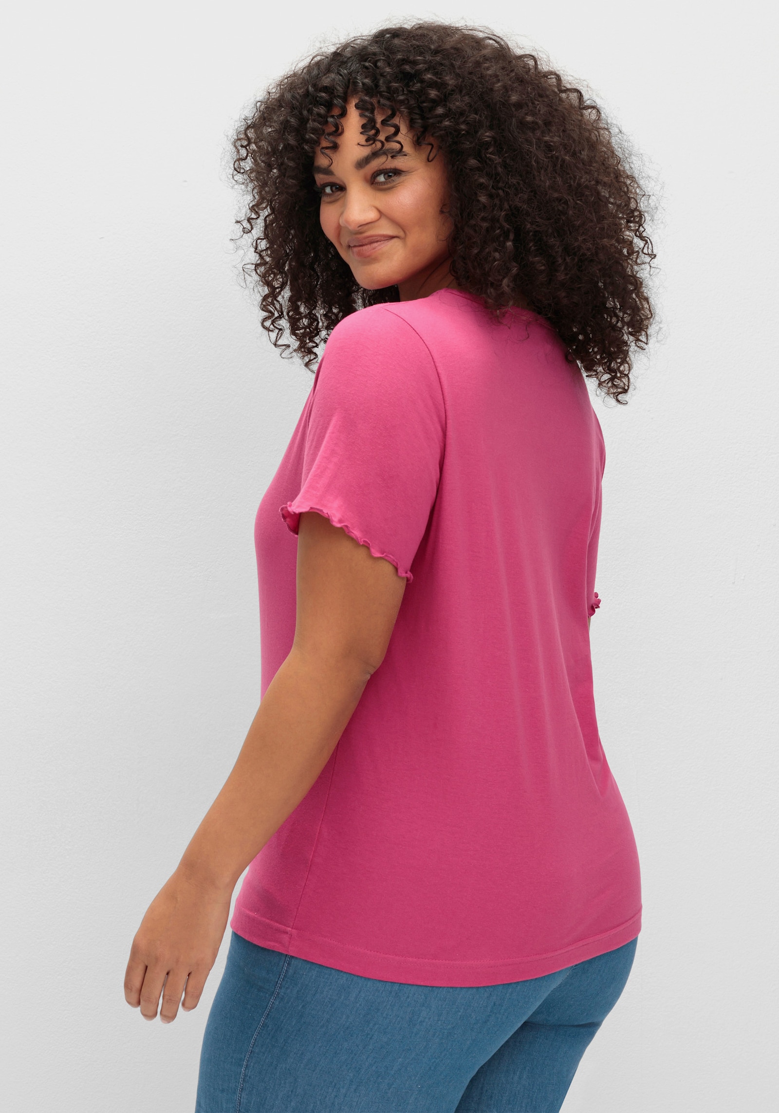 Kurzarmshirt mit Lochstickerei-Einsatz - fuchsia