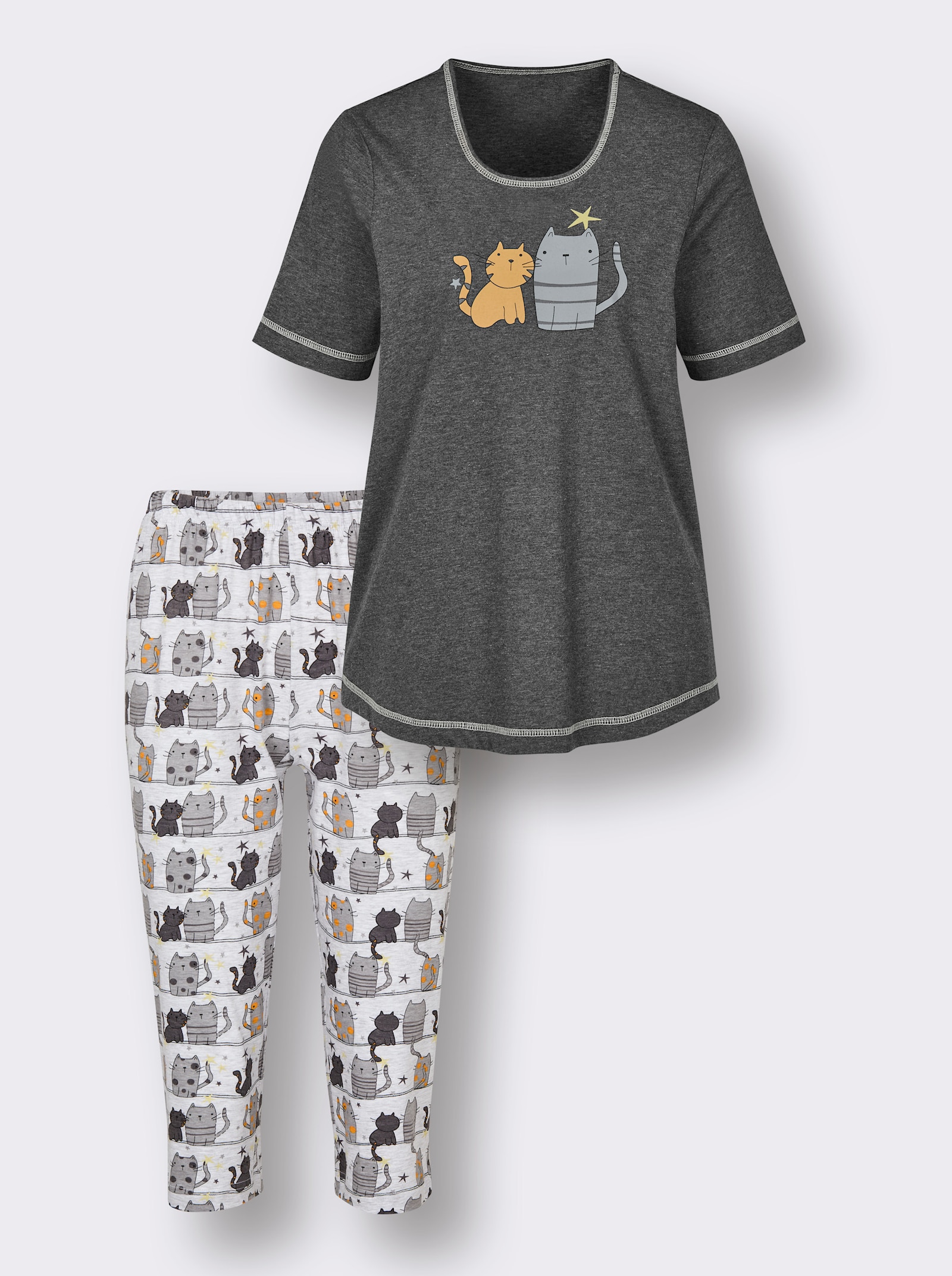 wäschepur Capri-pyjama met kattenprint - antraciet/grijs geprint