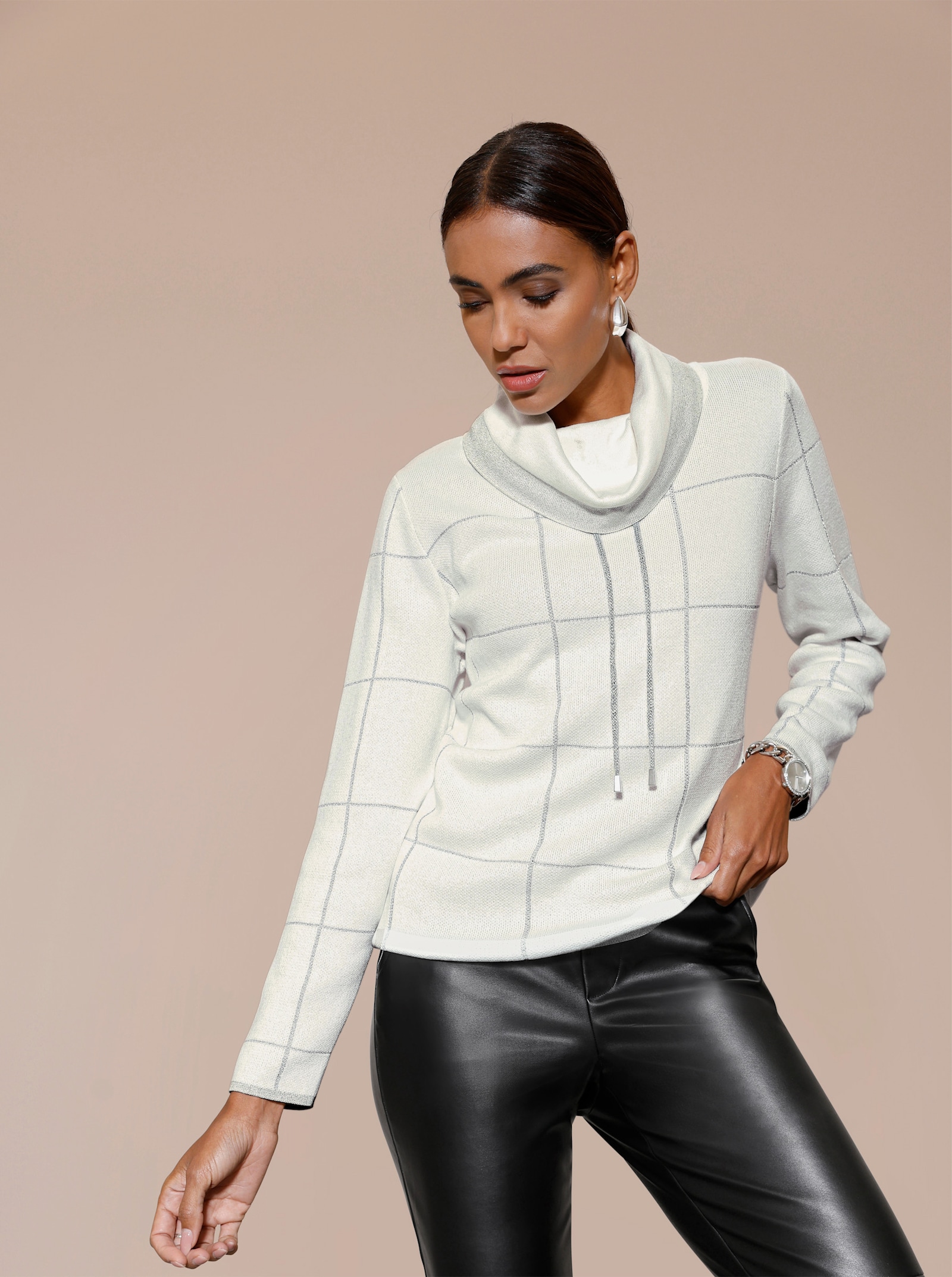 Jacquard-Pullover mit weitenregulierbarem Rollkragen - ecru-silberfarben