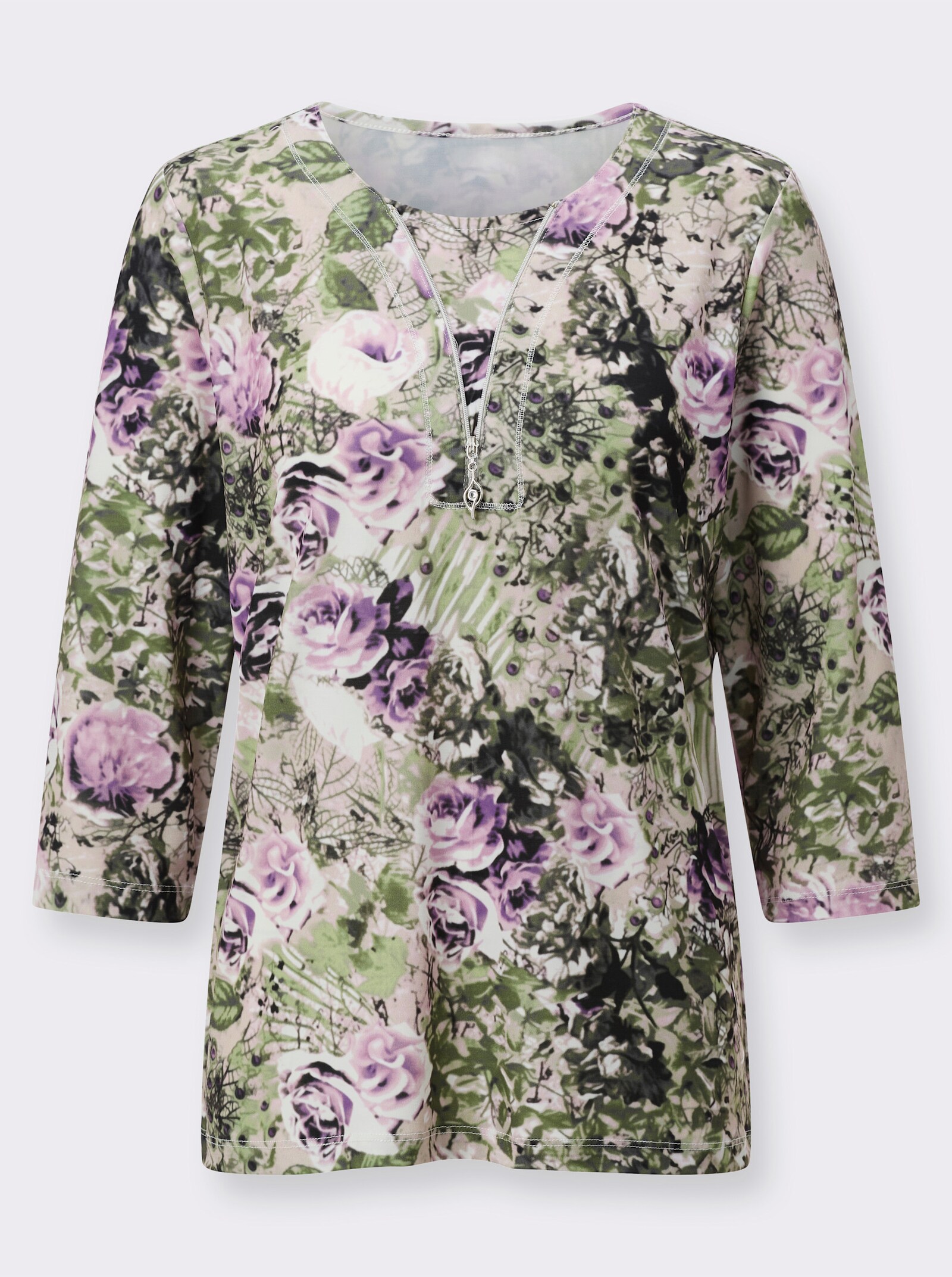 2-in-1-Shirt mit Zierreißverschluss - rosé-schilf-bedruckt