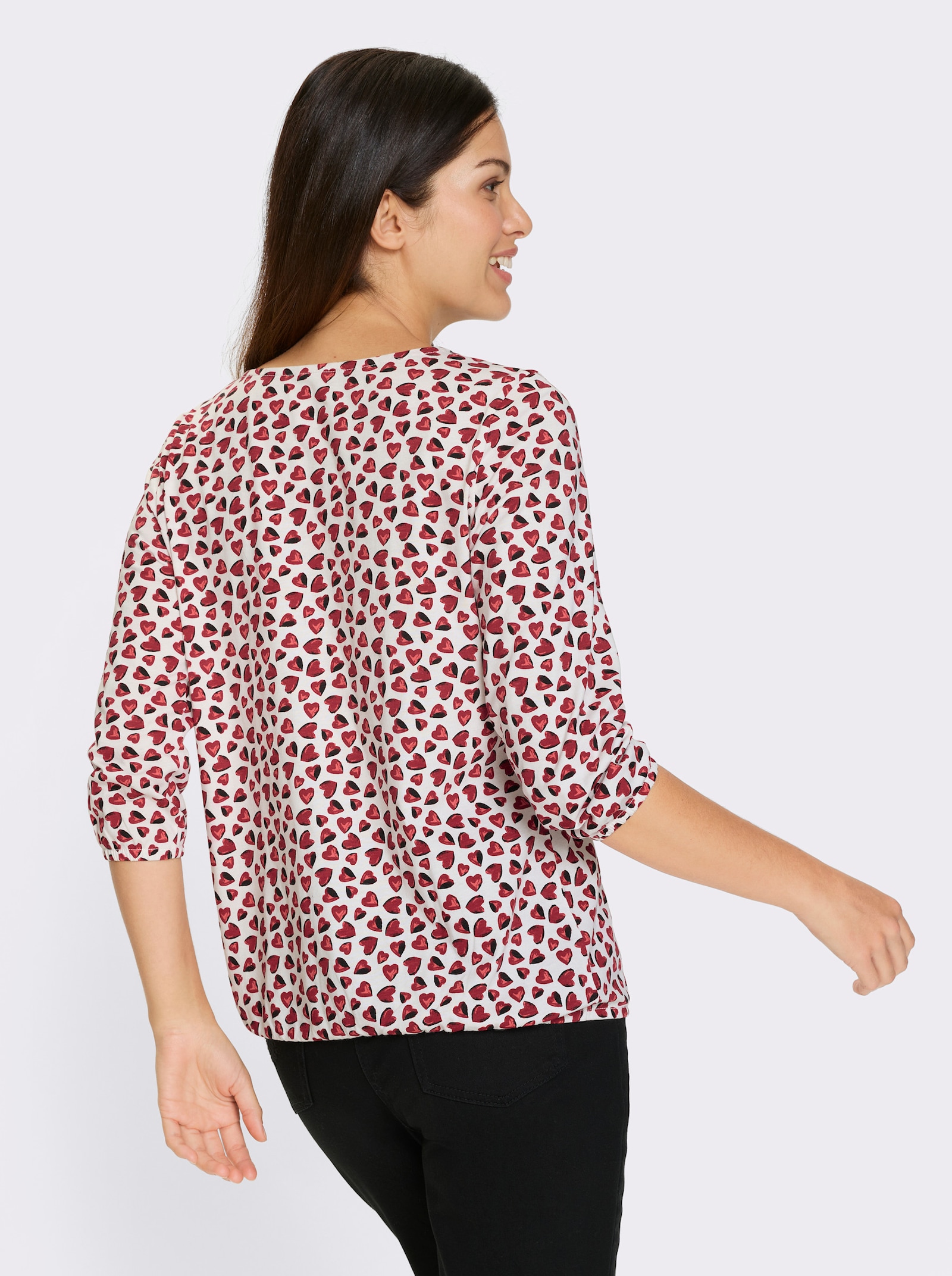 Topp med 3/4-ärm och hjärtmönster - ecru-röd-med tryck