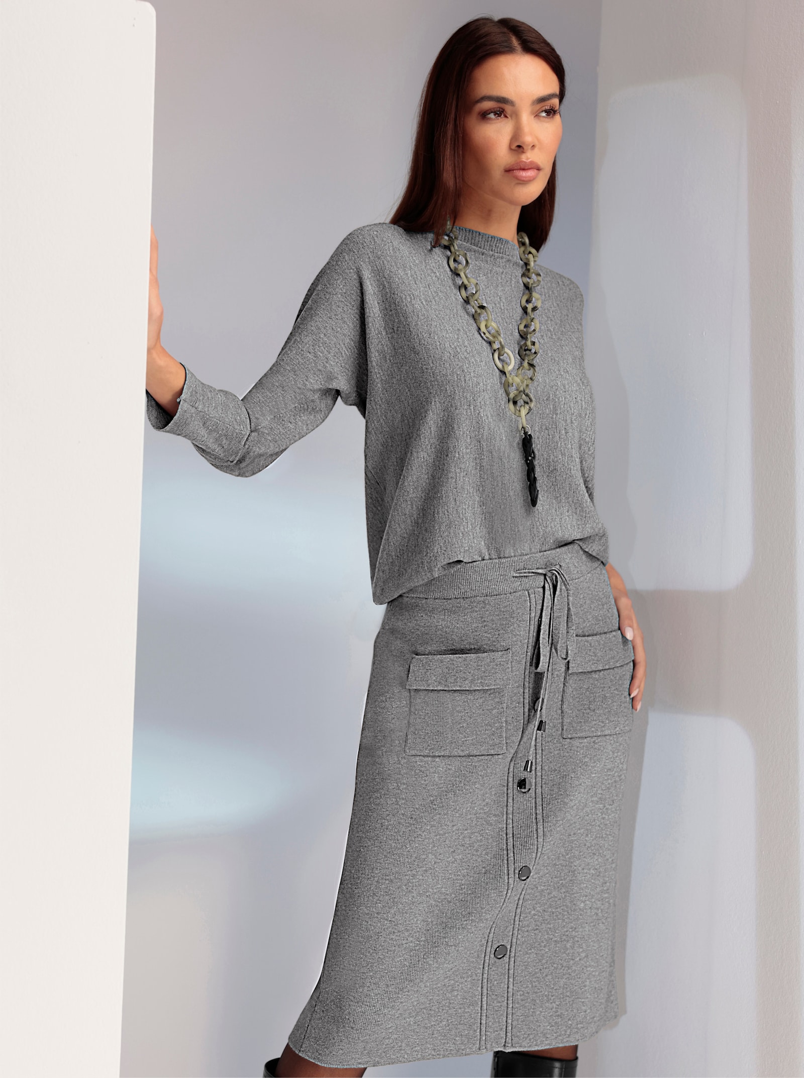 heine Strickrock mit Zierknöpfen - grau-meliert