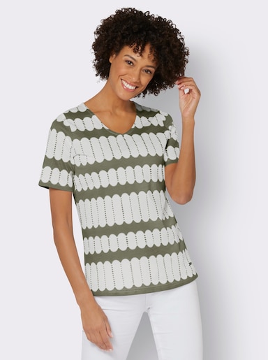 Kurzarmshirt mit V-Ausschnitt - khaki-ecru-bedruckt