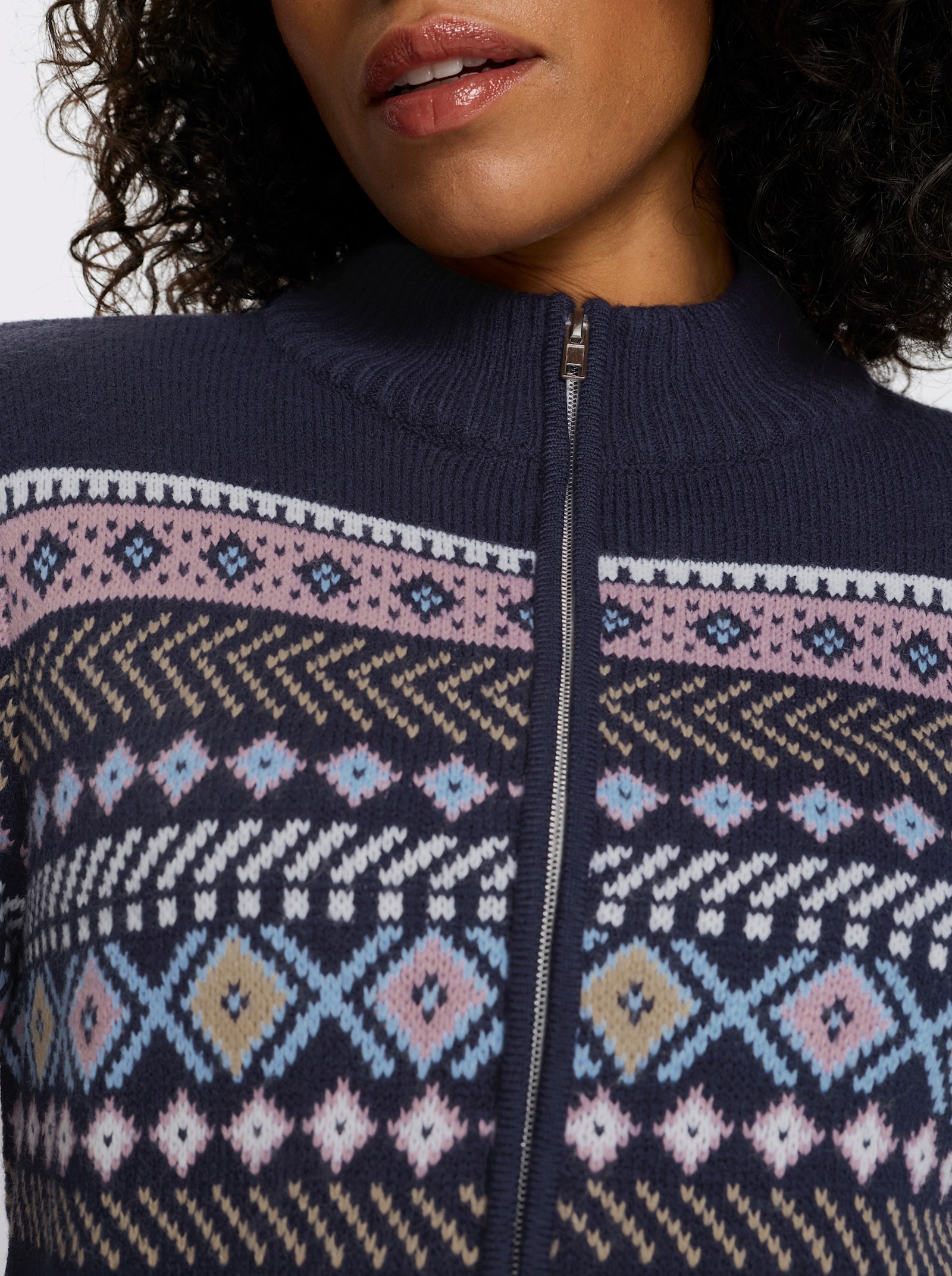 Jacquardstrickjacke mit durchgehendem Reissverschluss - marine-mauve-gemustert