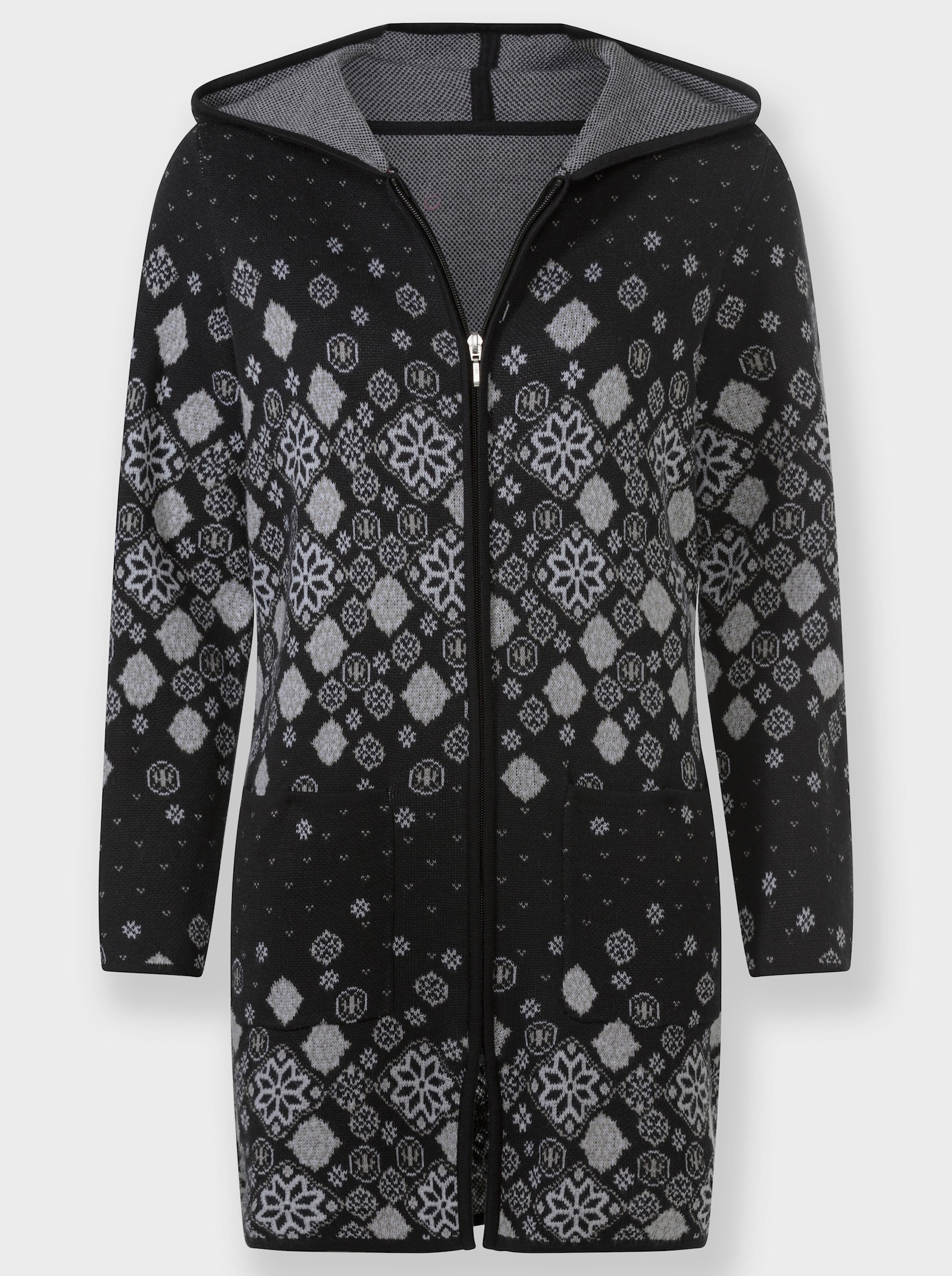 Longstrickjacke mit Jacquard-Strickmuster - schwarz-gemustert
