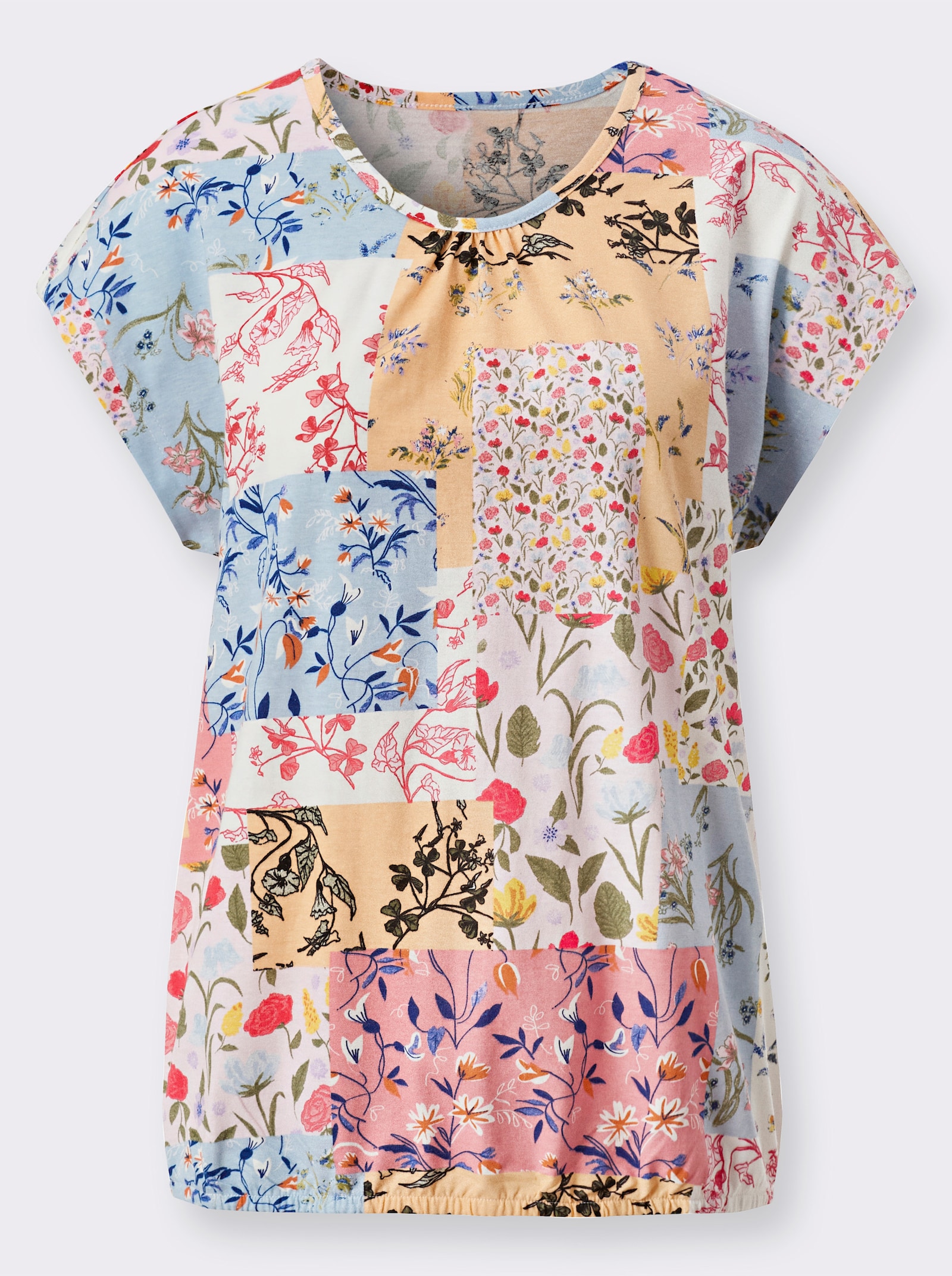 Shirt met ronde hals en elastische zoom - mint/roze geprint