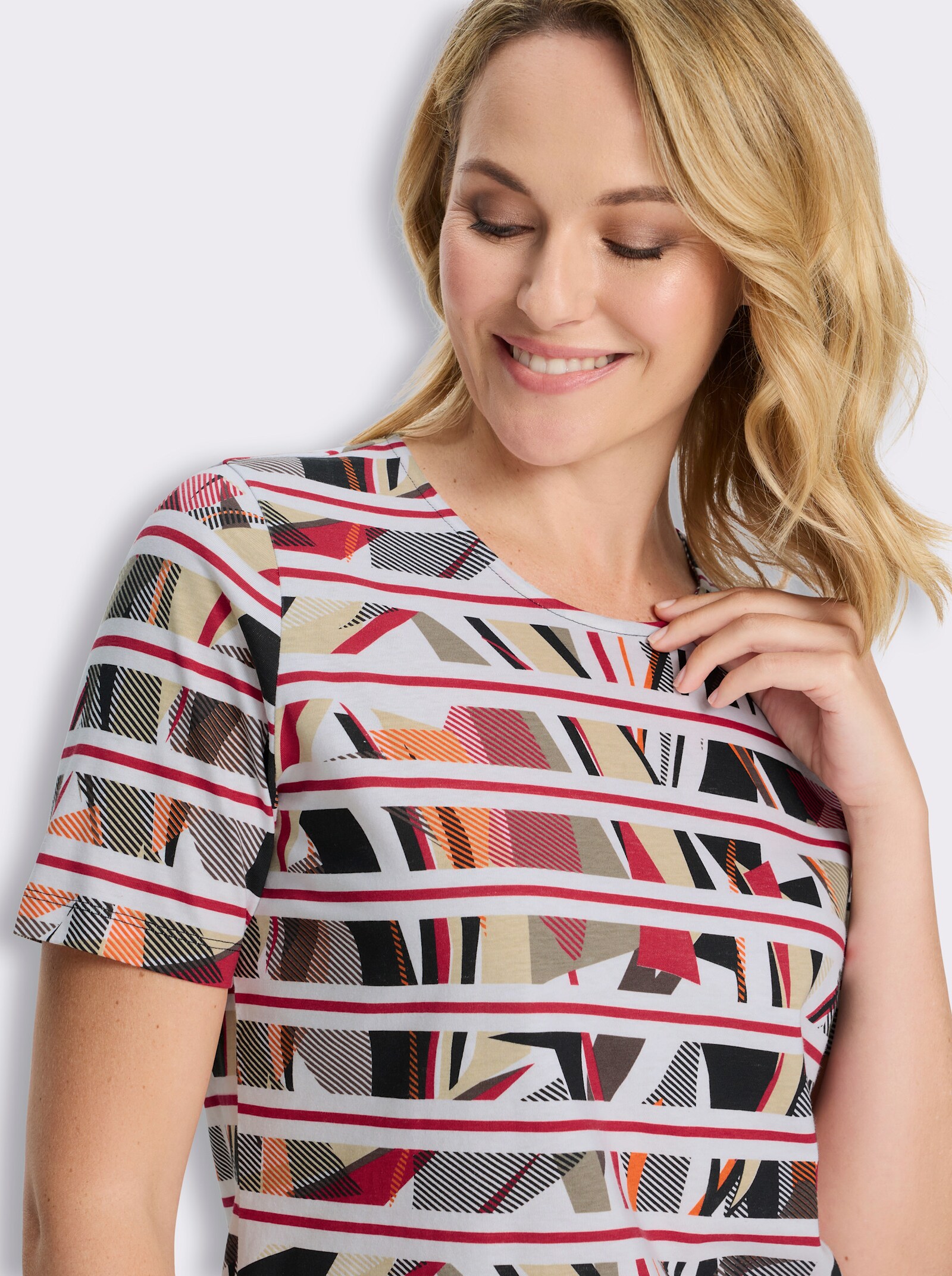 Kurzarmshirt mit Streifen- und Grafikmuster - erdbeere-taupe-bedruckt