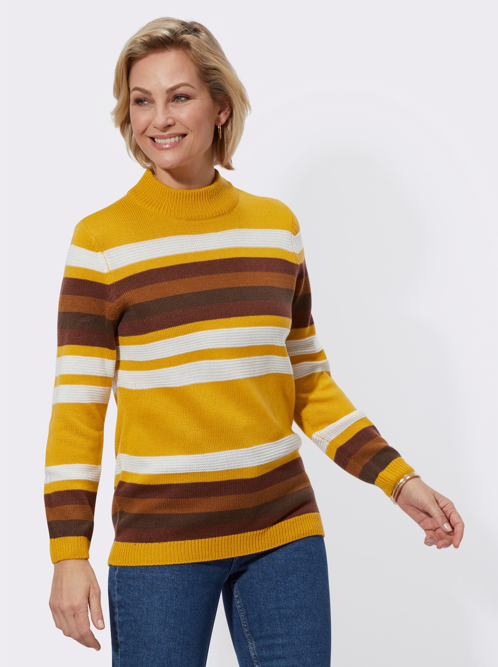 Streifenpullover mit Stehkragen - ocker-rotbraun-geringelt