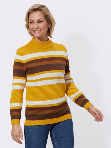 Streifenpullover mit Stehkragen - ocker-rotbraun-geringelt