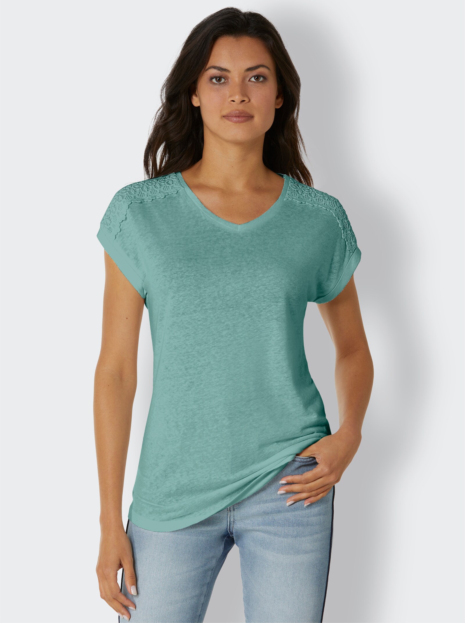 CREATION L PREMIUM V-Shirt mit Spitzendetail - salbei