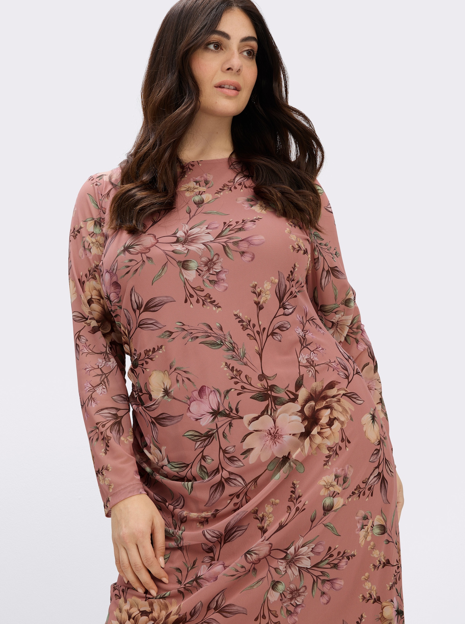 sheego Blumenkleid aus Mesh-Qualität - rosenholz-camel-bedruckt