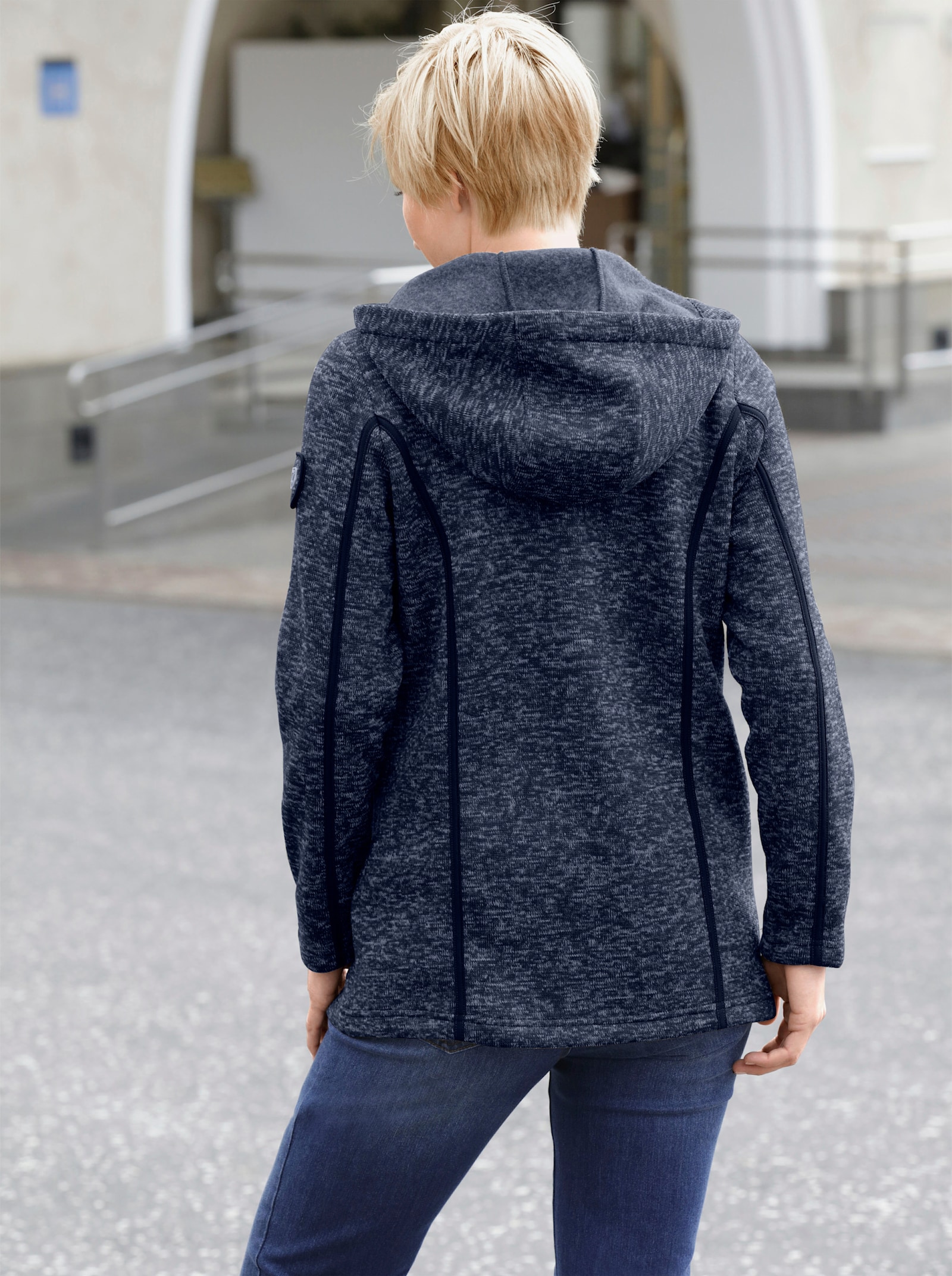 Kapuzenfleecejacke mit Umlegekragen - marine-meliert