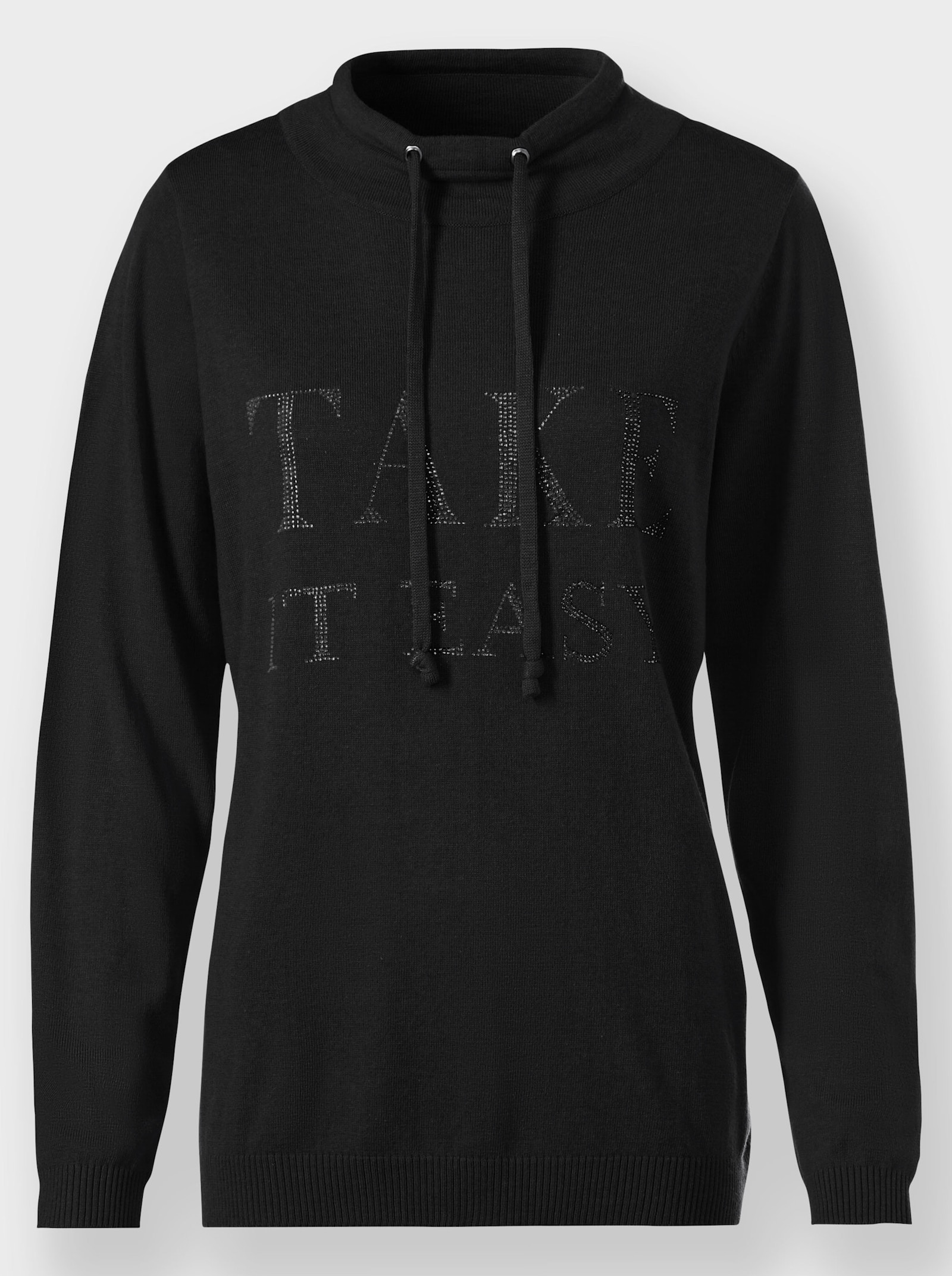 heine Stehkragenpullover mit Glitzersteinchen-Schriftzug - schwarz