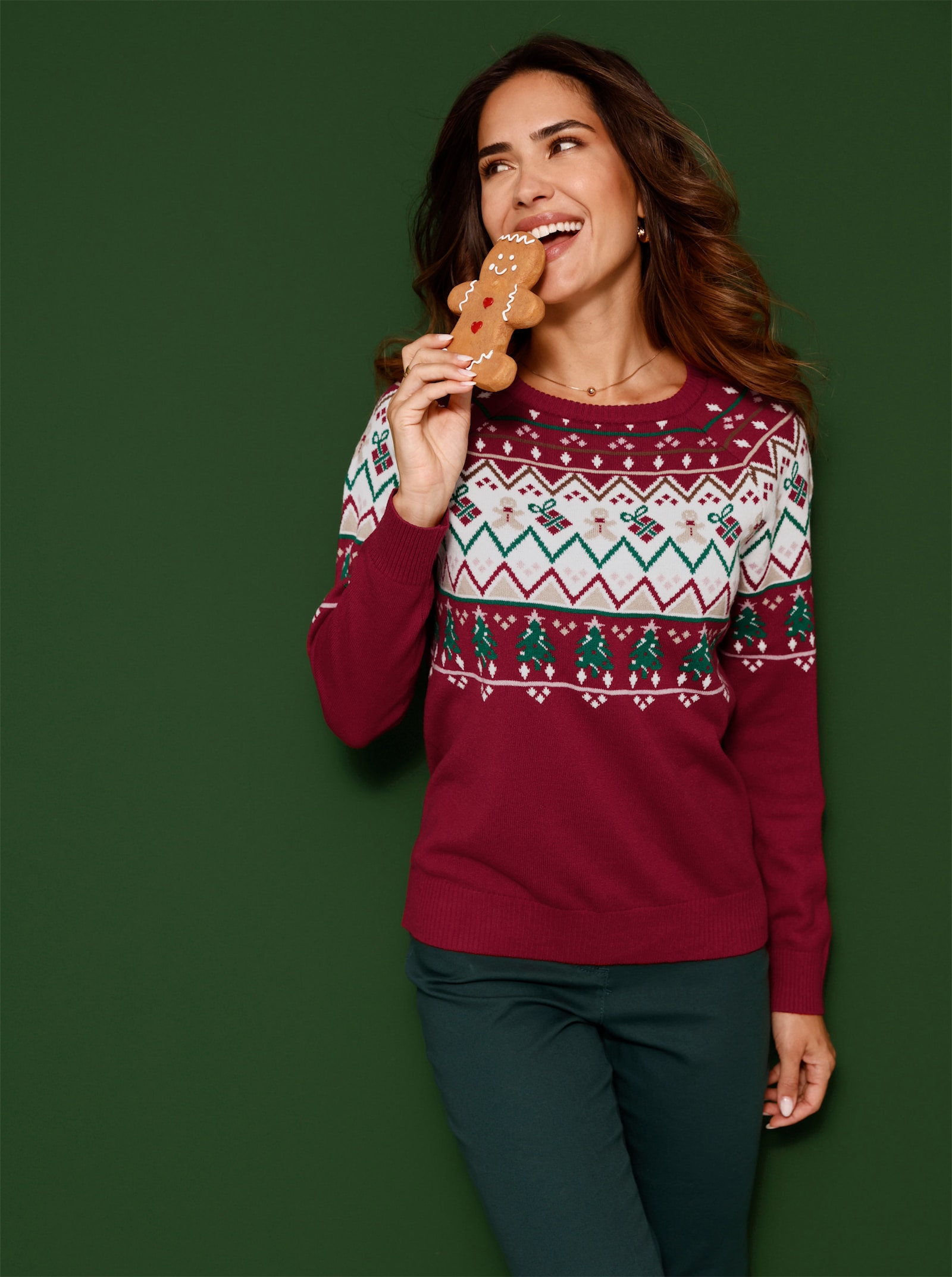 Pulóver, dlhé rukávy, vianočný nórsky vzor - Červená-šampanská