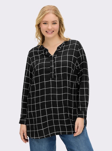 Langarm-Bluse in Longform - schwarz-weiß-kariert