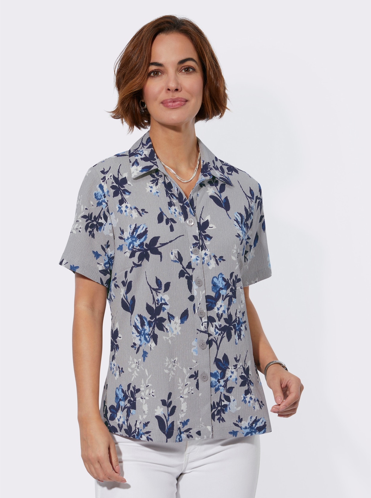 Crêpeblouse - steengrijs/koningsblauw bedrukt