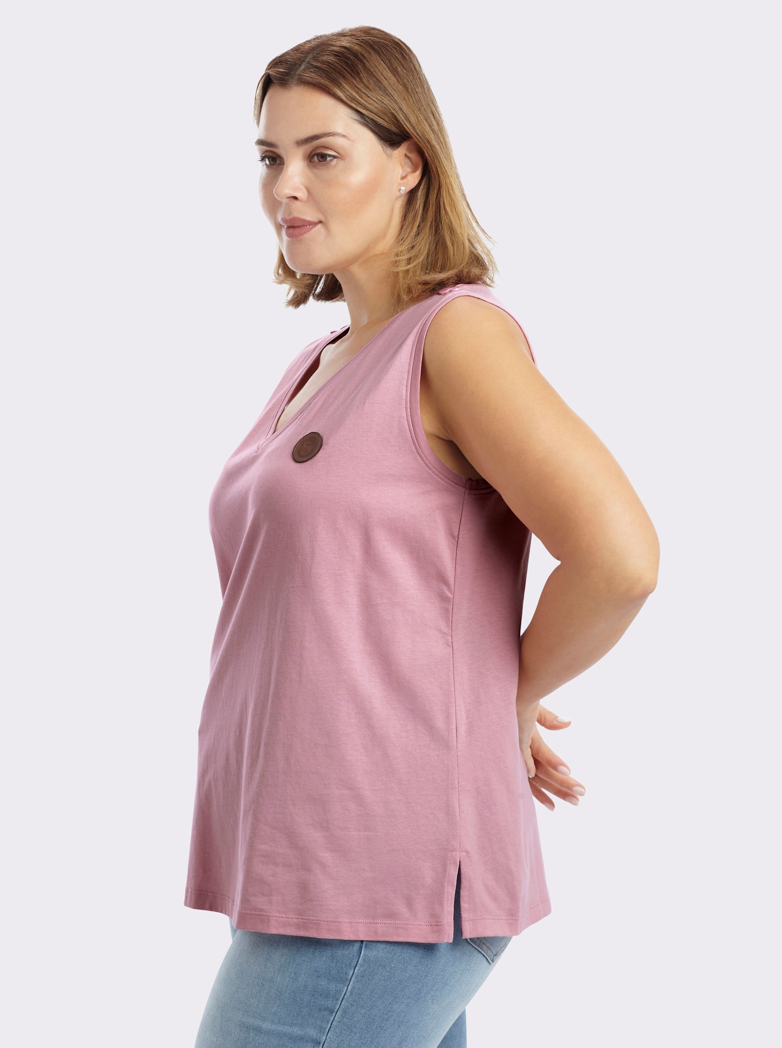 sheego Shirttop mit Lederimitat-Applikation vorn - hortensie