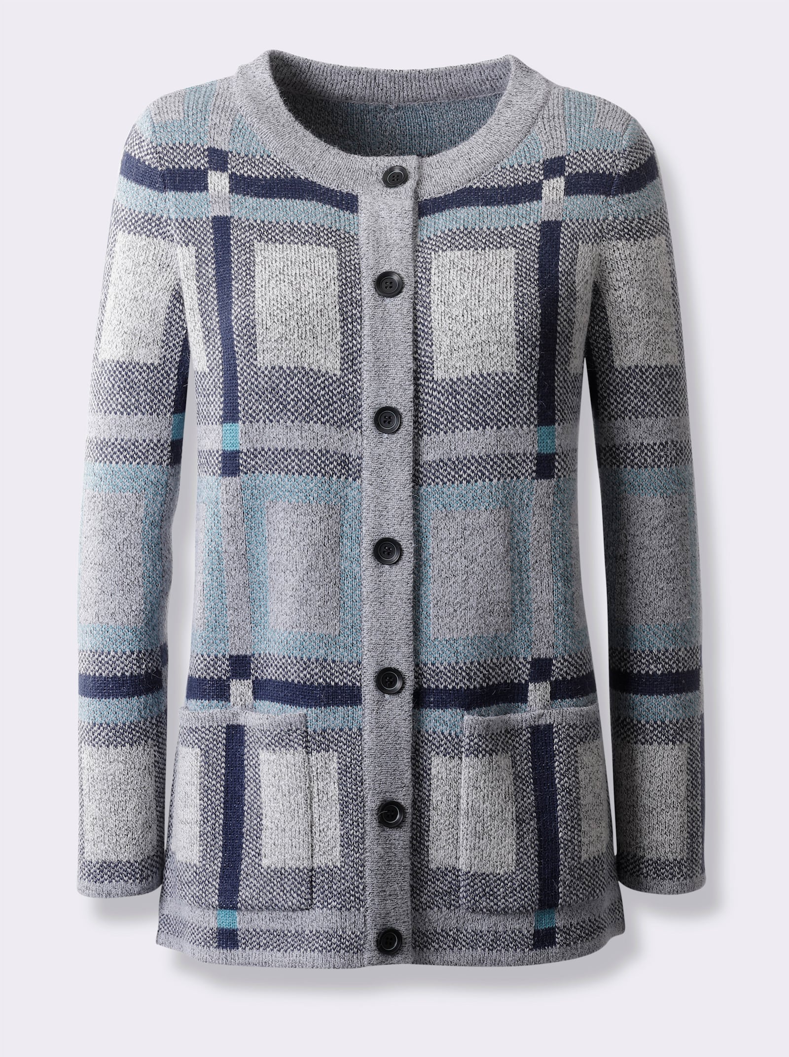 Strickjacke im Jacquard-Dessin - steingrau-ozean-gemustert