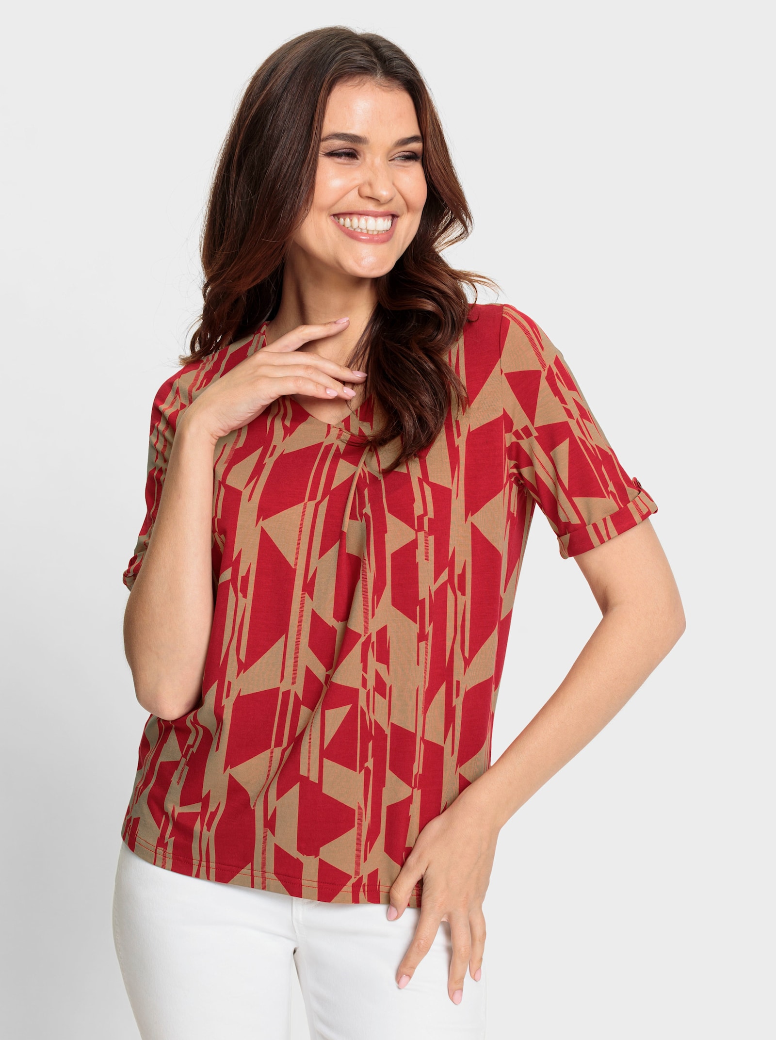 Shirt mit Riegel und Knopf am Ärmelaufschlag - camel-rot-bedruckt