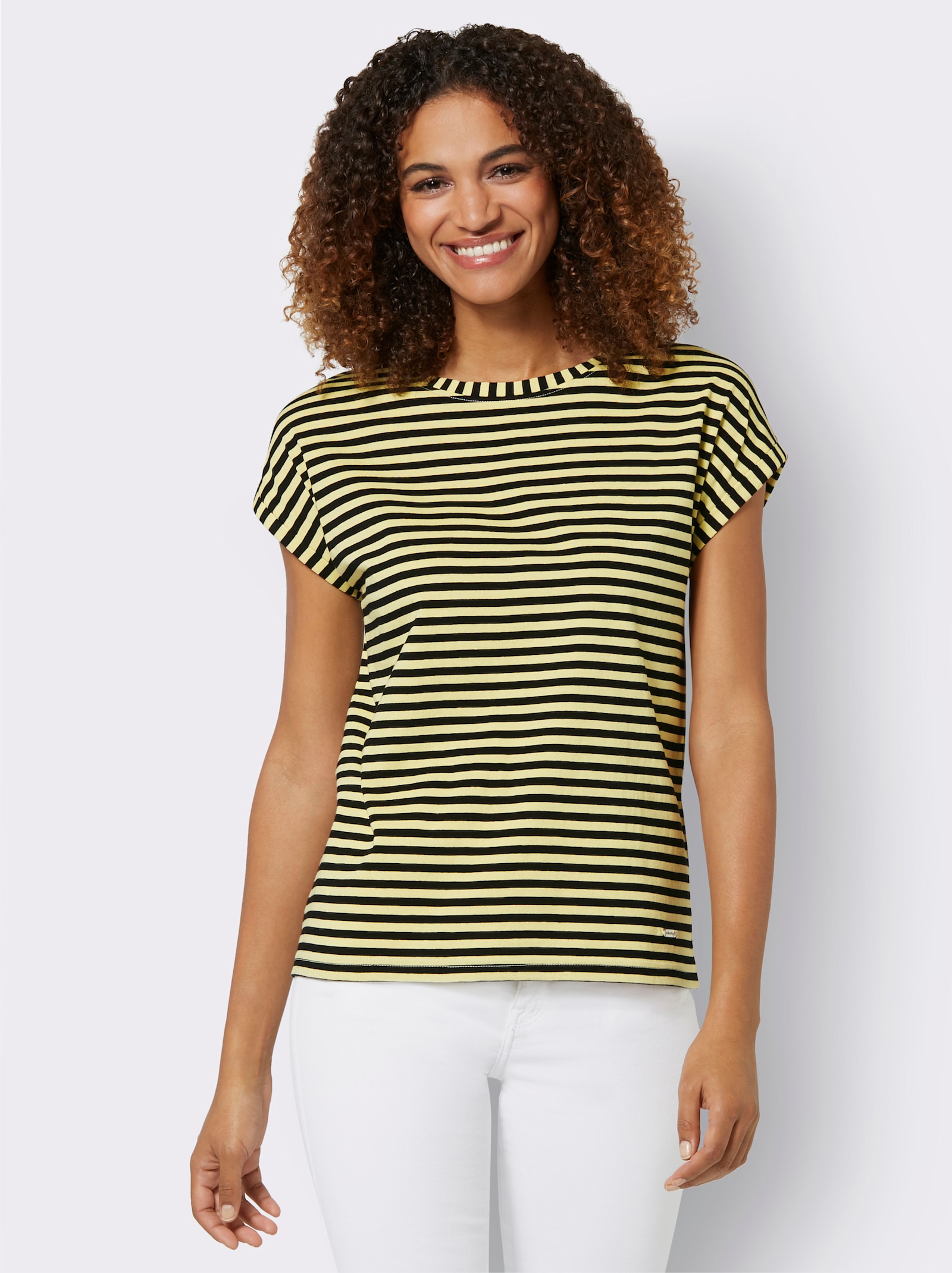 Kurzarmshirt im Ringel-Dessin - schwarz-zitrone-geringelt