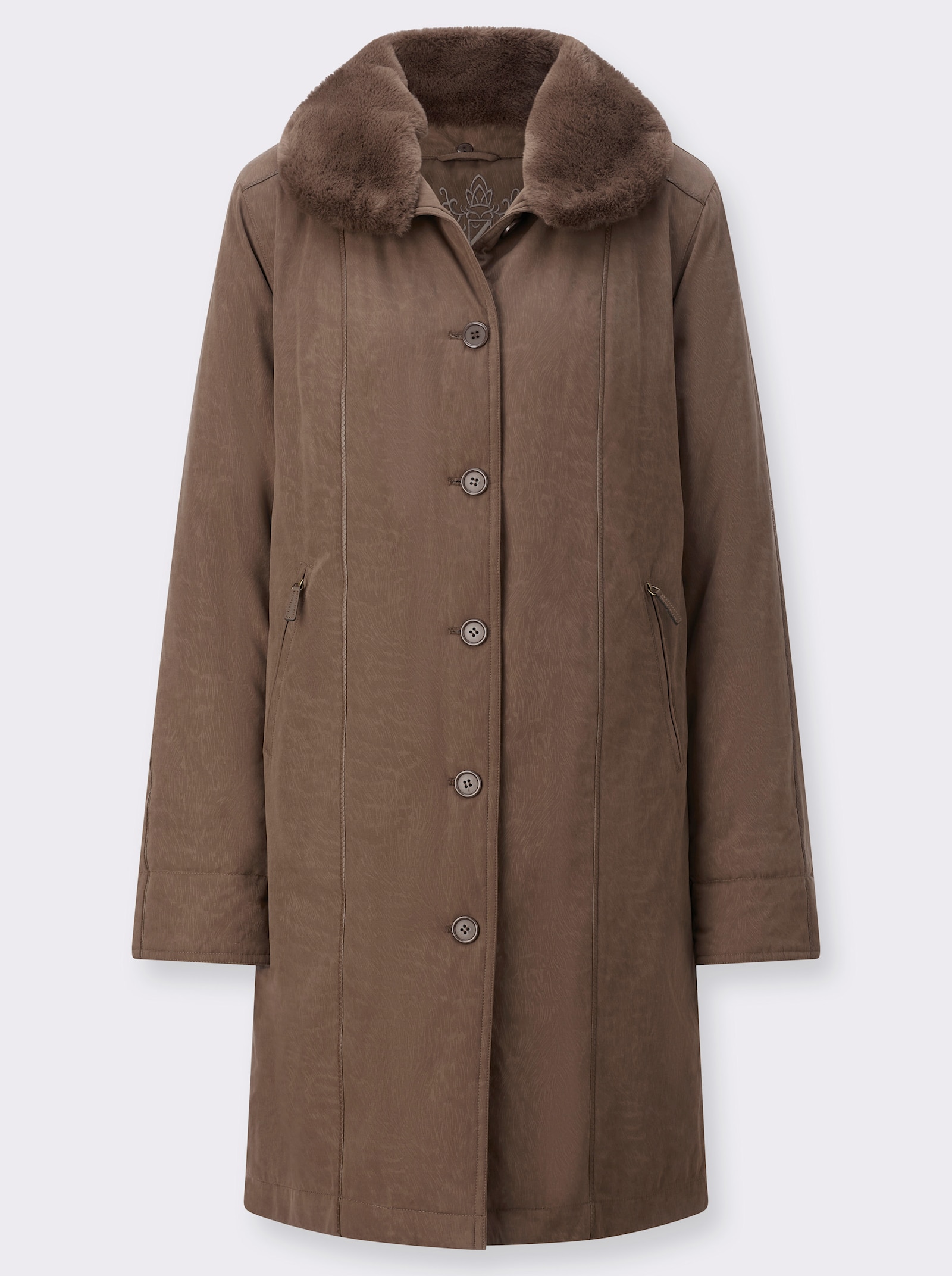 Winterjas met reliëflook en paspels van imitatieleer - chocolade