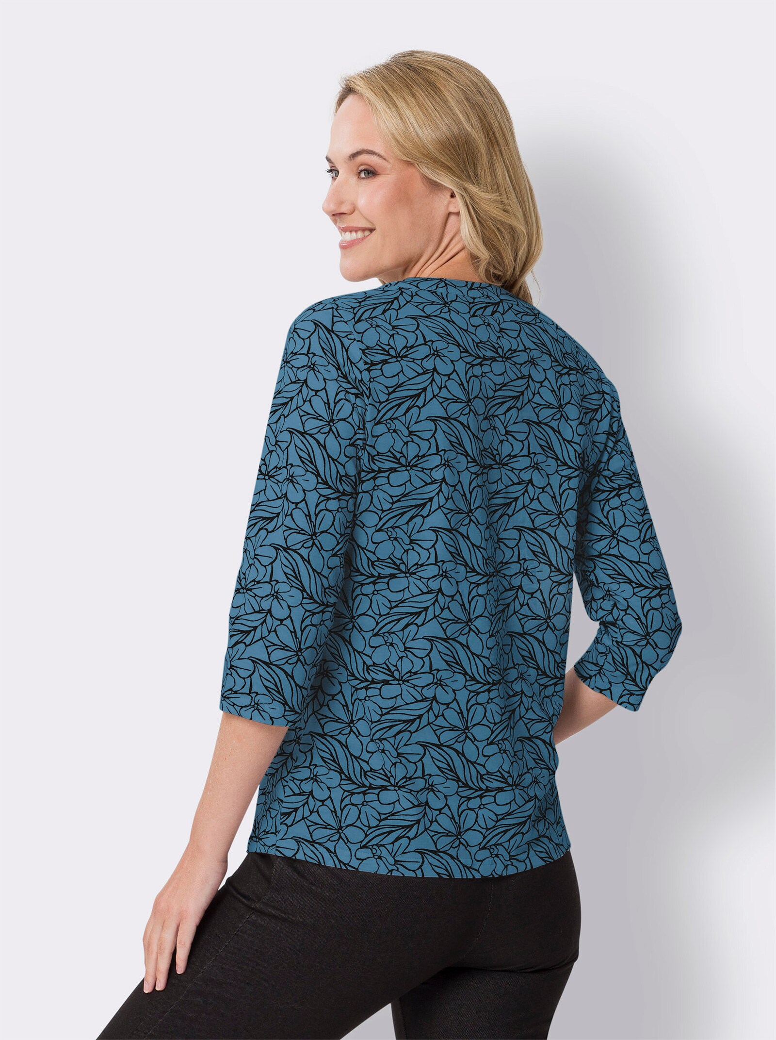 Shirt met 3/4-mouwen in bloemdessin - topaas/zwart bedrukt