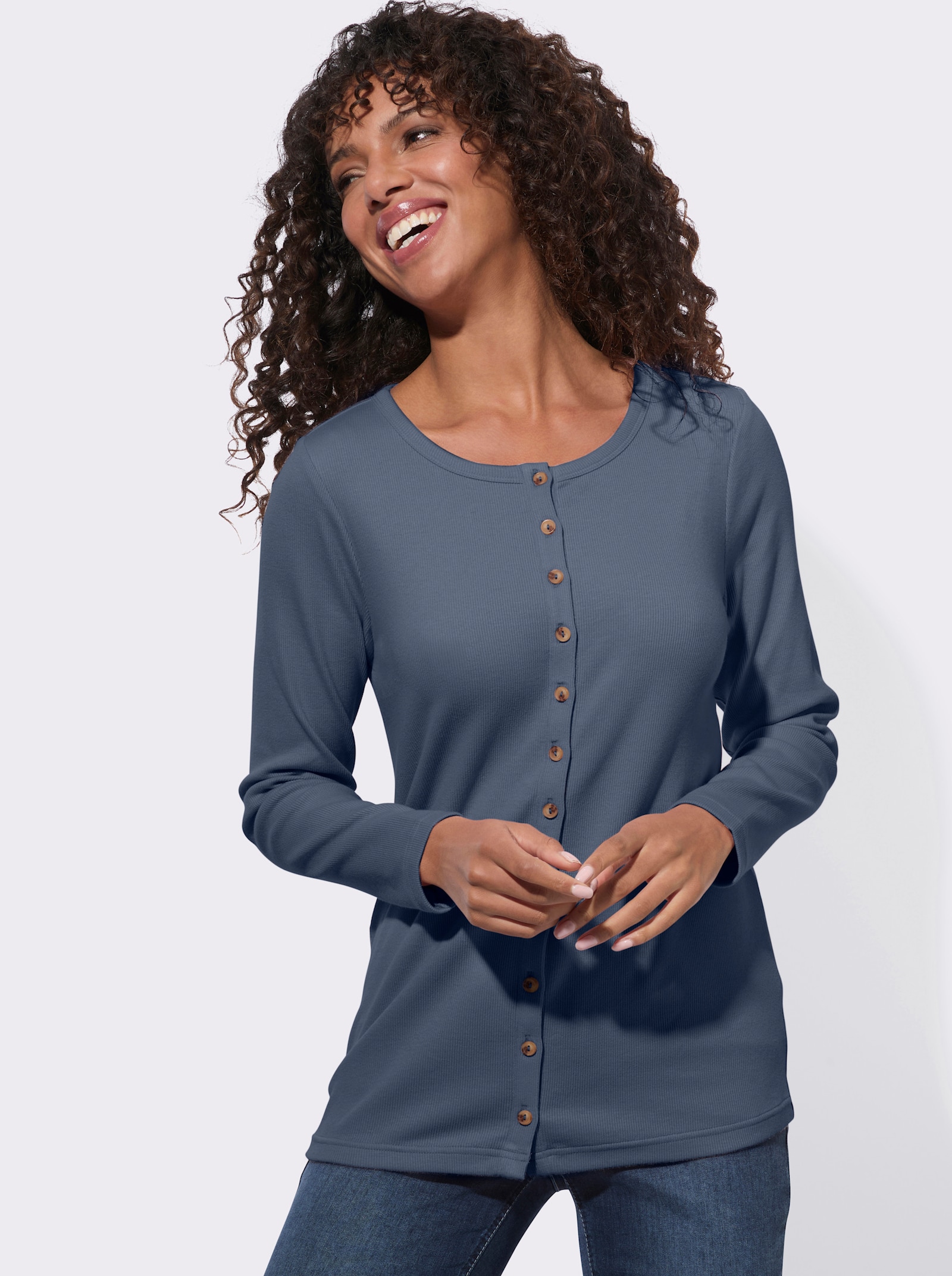  Rippshirt mit dekorativer Knopfleiste - rauchblau