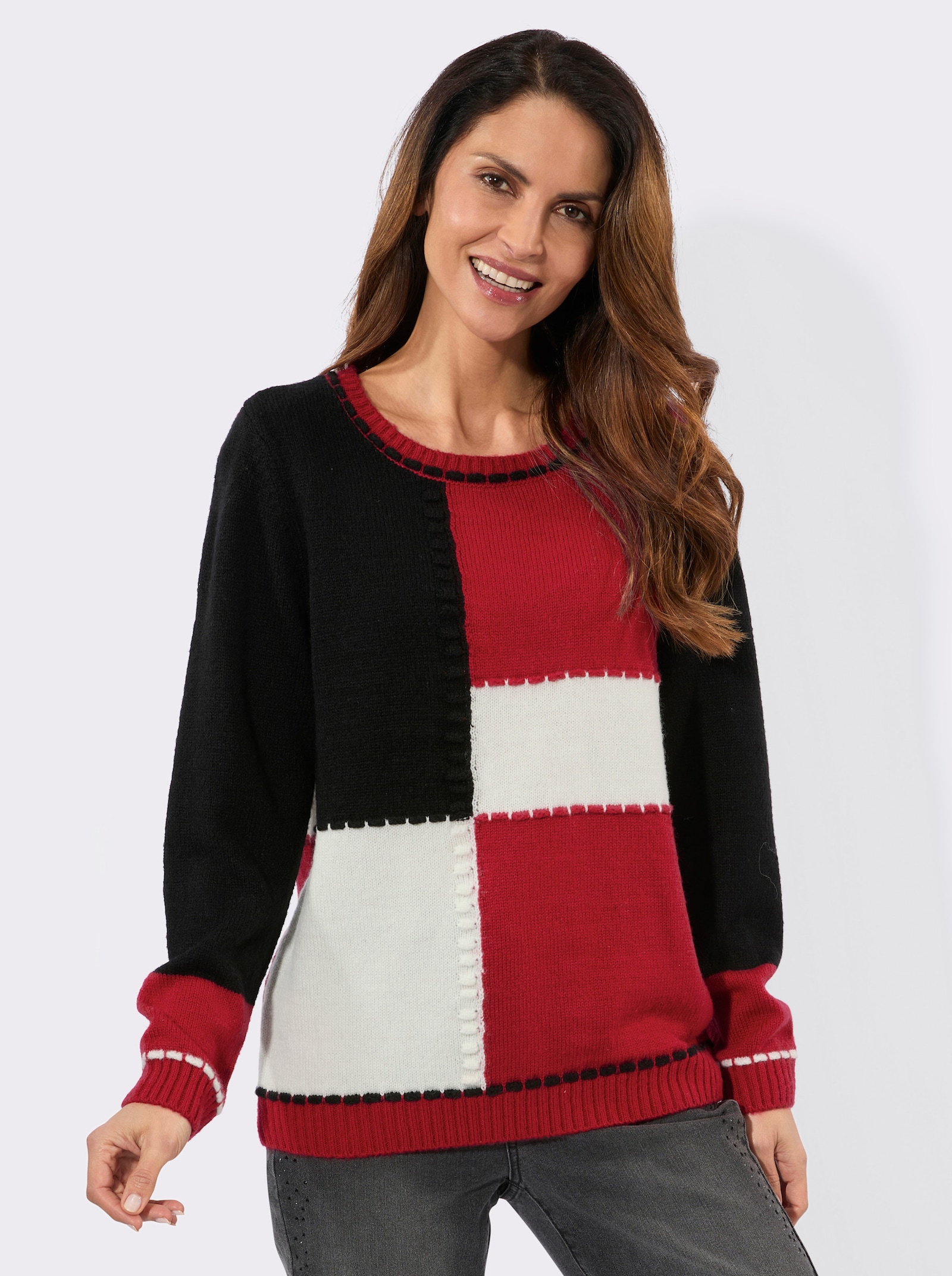 Langarm-Pullover in Colour-Blocking-Optik - rot-schwarz