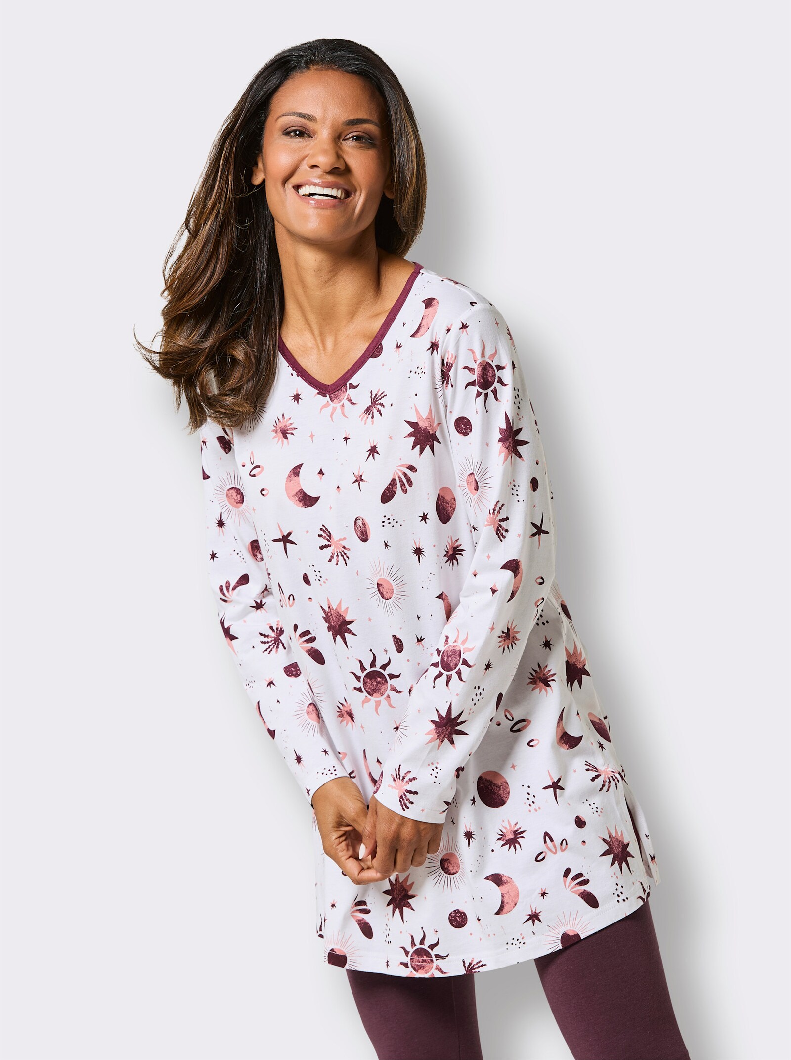 wäschepur Pyjama mit Sonne, Mond und Sternen - ecru-burgund-bedruckt