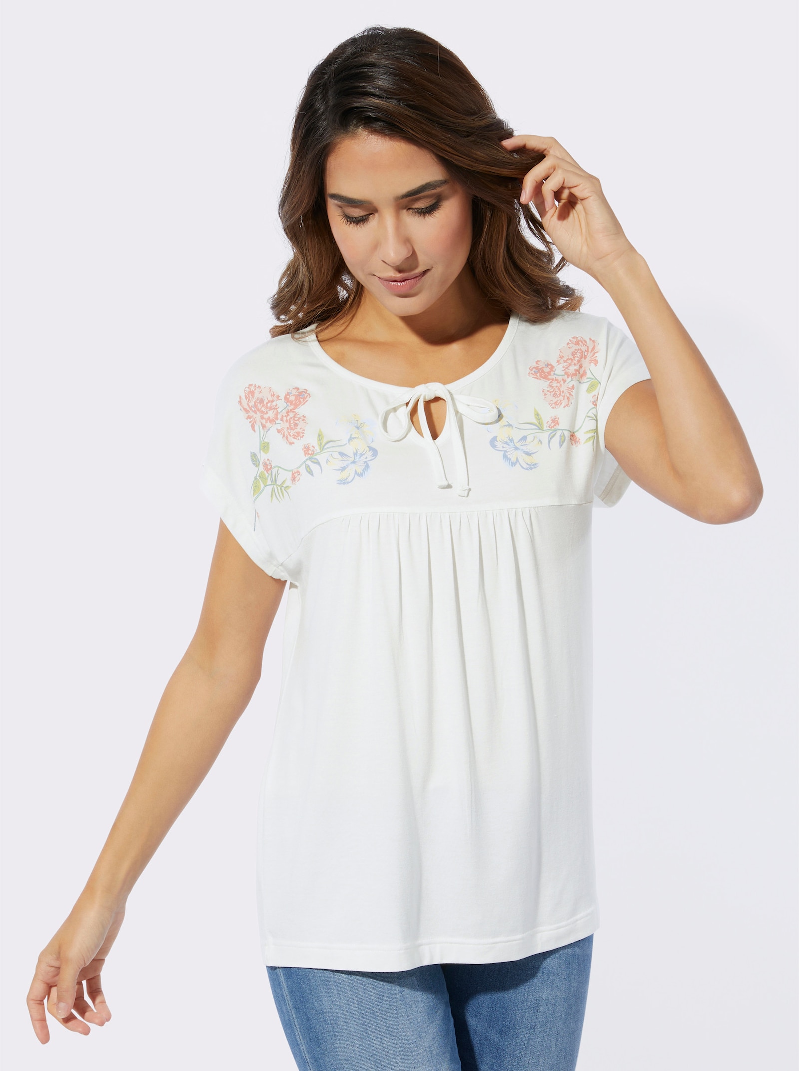 Rundhalsshirt mit floralem Print - ecru-puder