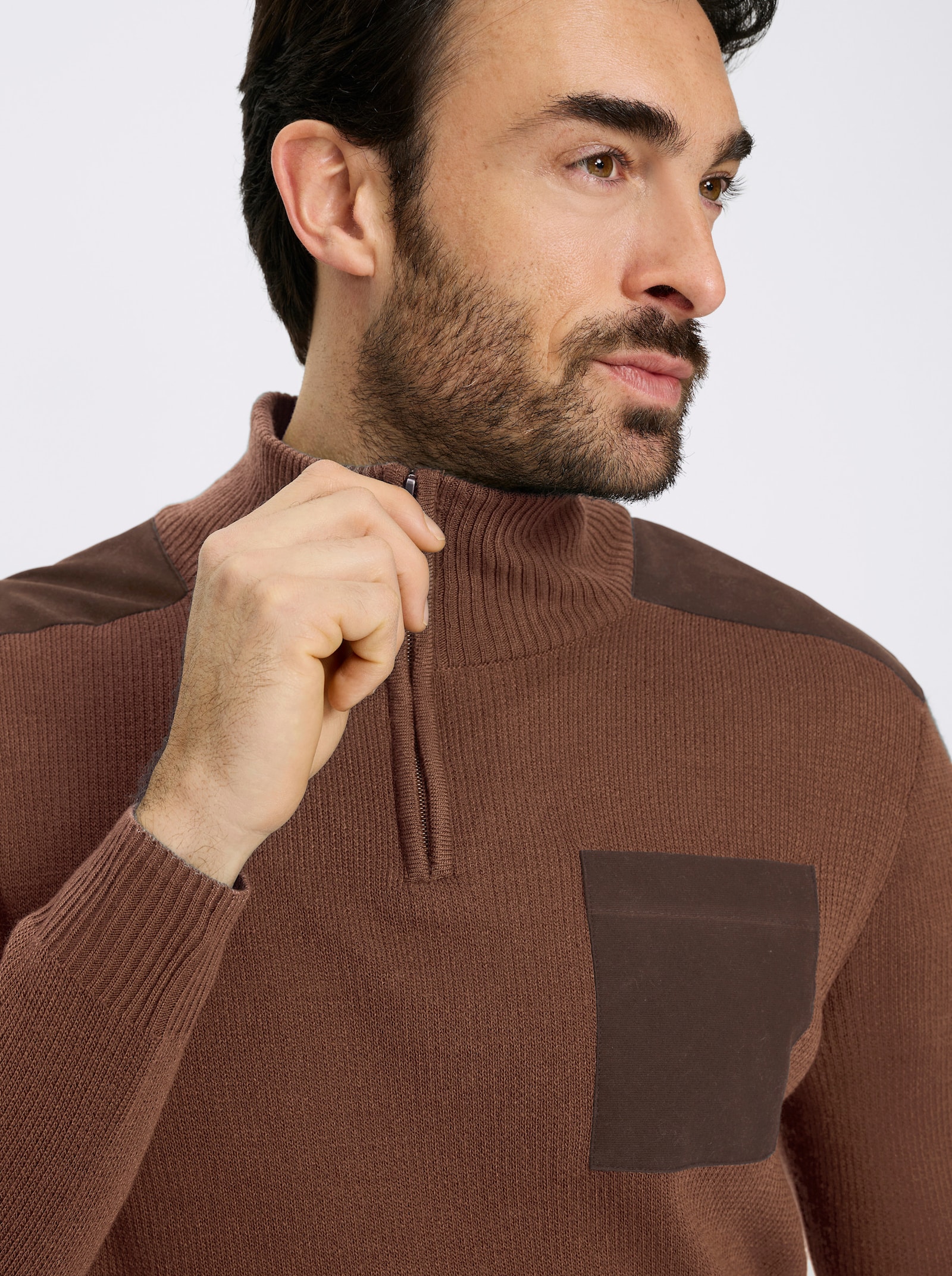 Catamaran Langarm-Pullover mit Kontrast-Details - braun-taupe-meliert