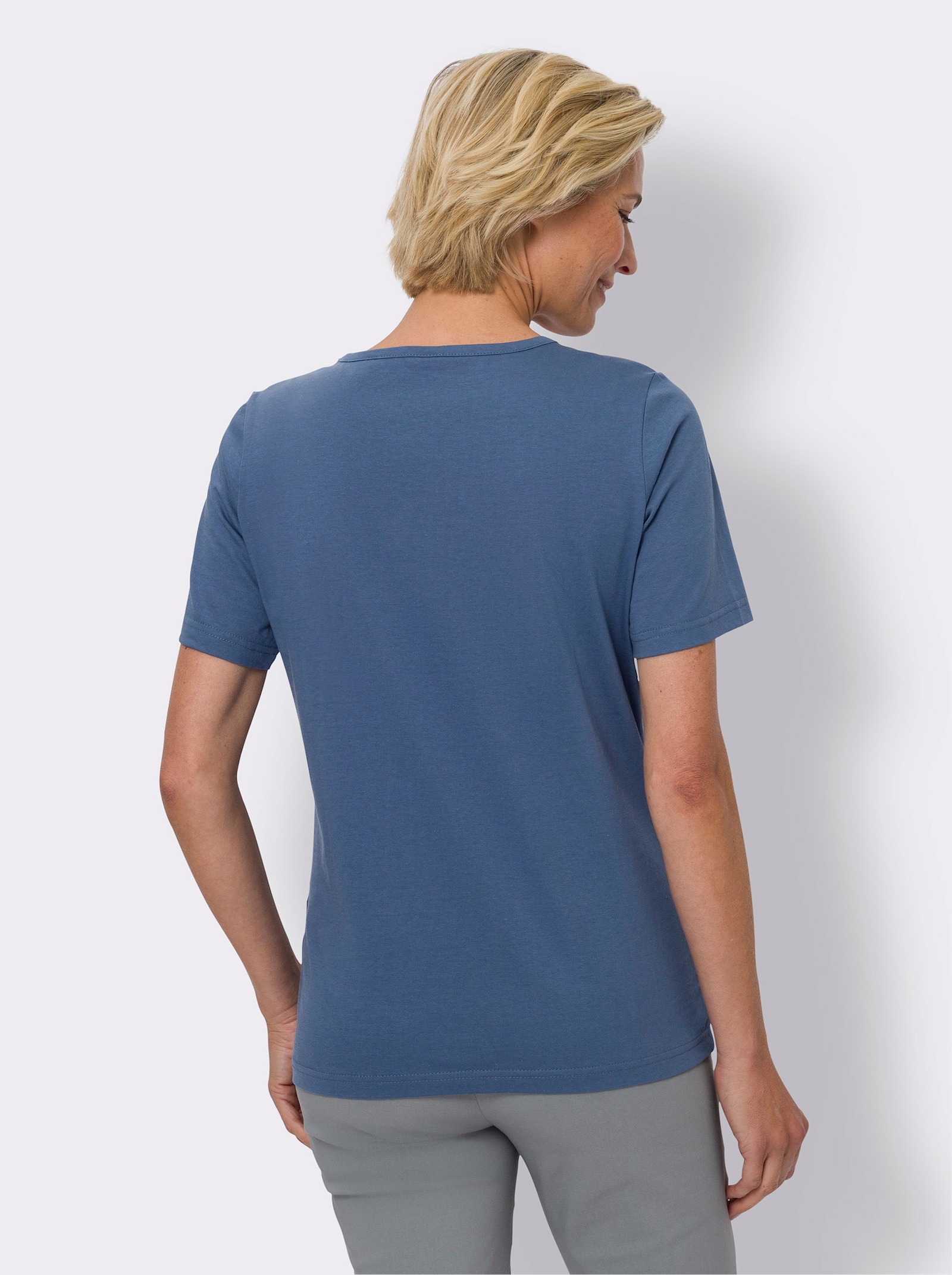 Kurzarmshirt mit platziertem Floral-Print - jeansblau-rot