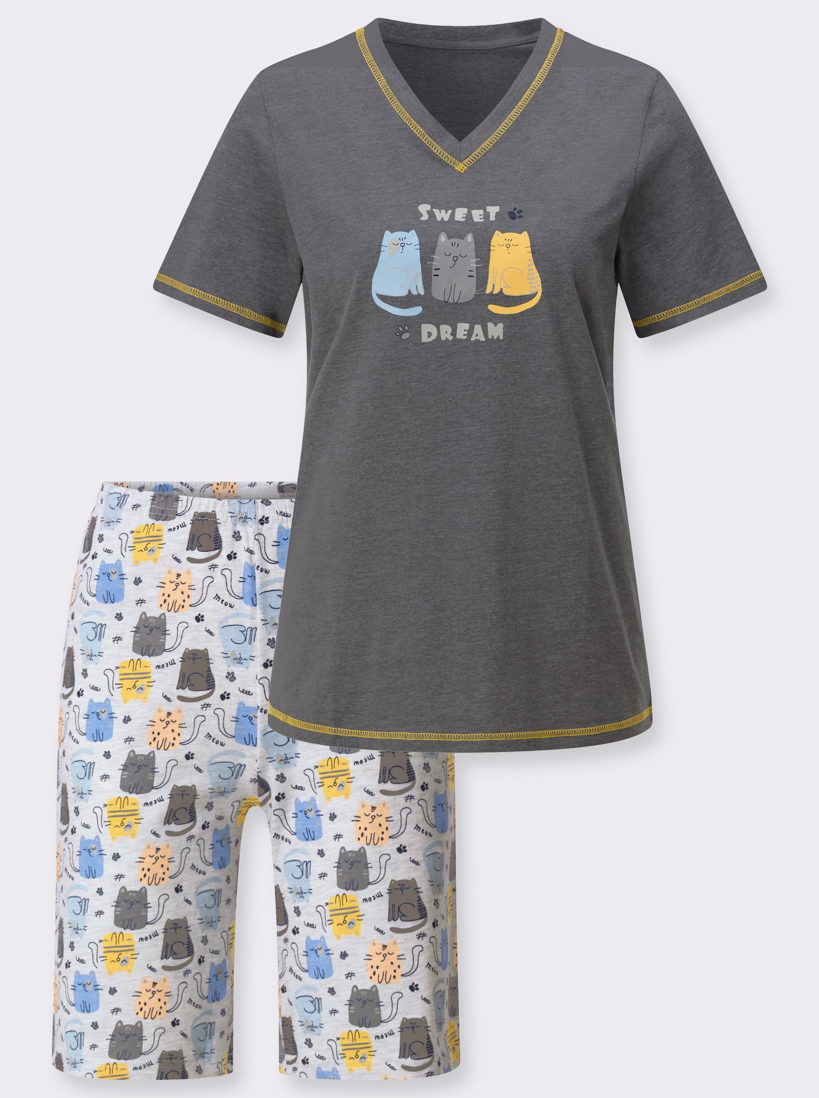 Krátké pyžamo s kočičím motivem - antracitová-kamenná šedá-potisk