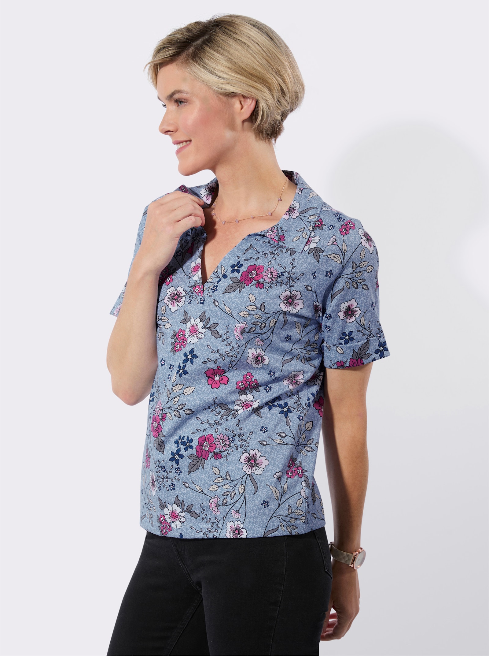 Polokošile s květinovým potiskem - modrá-fuchsiová-potisk