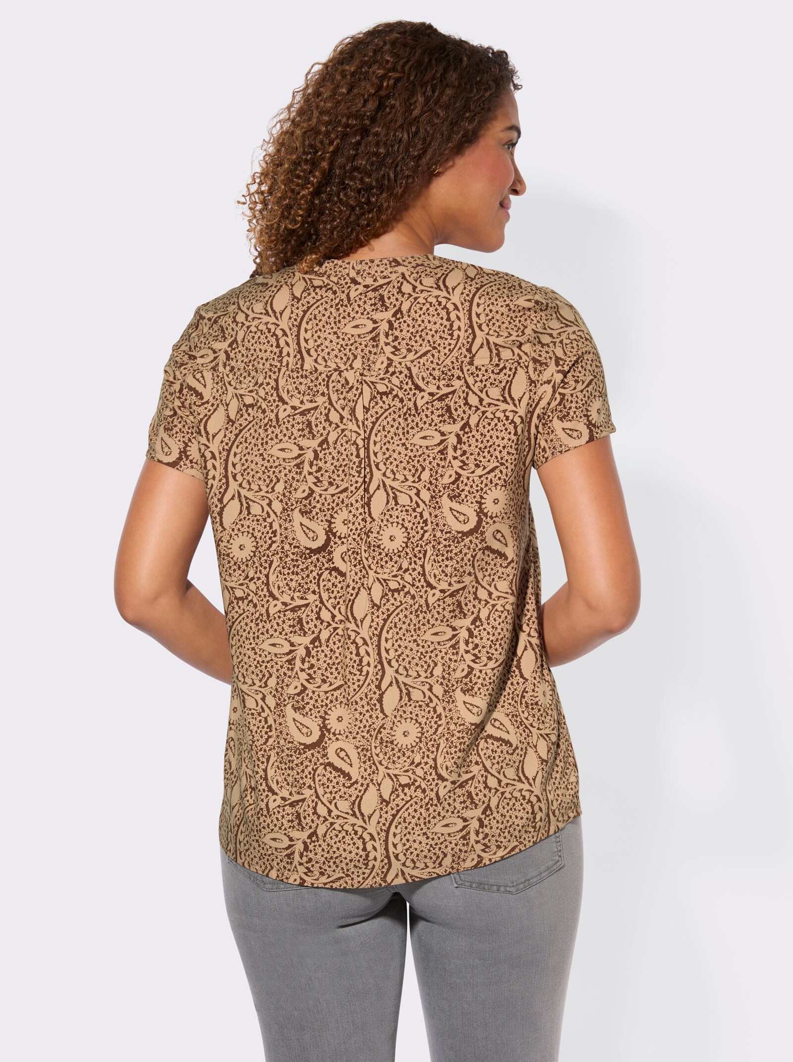 Schlupfbluse aus reiner Viskose - camel-braun-bedruckt