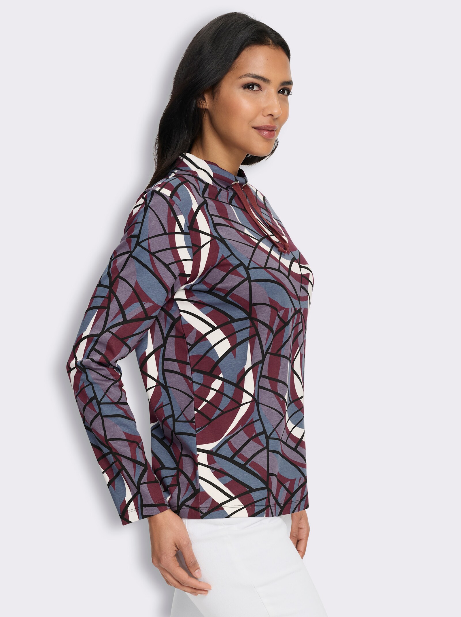 Stehkragenshirt in formstabiler Interlock-Qualität - bordeaux-rauchblau-bedruckt