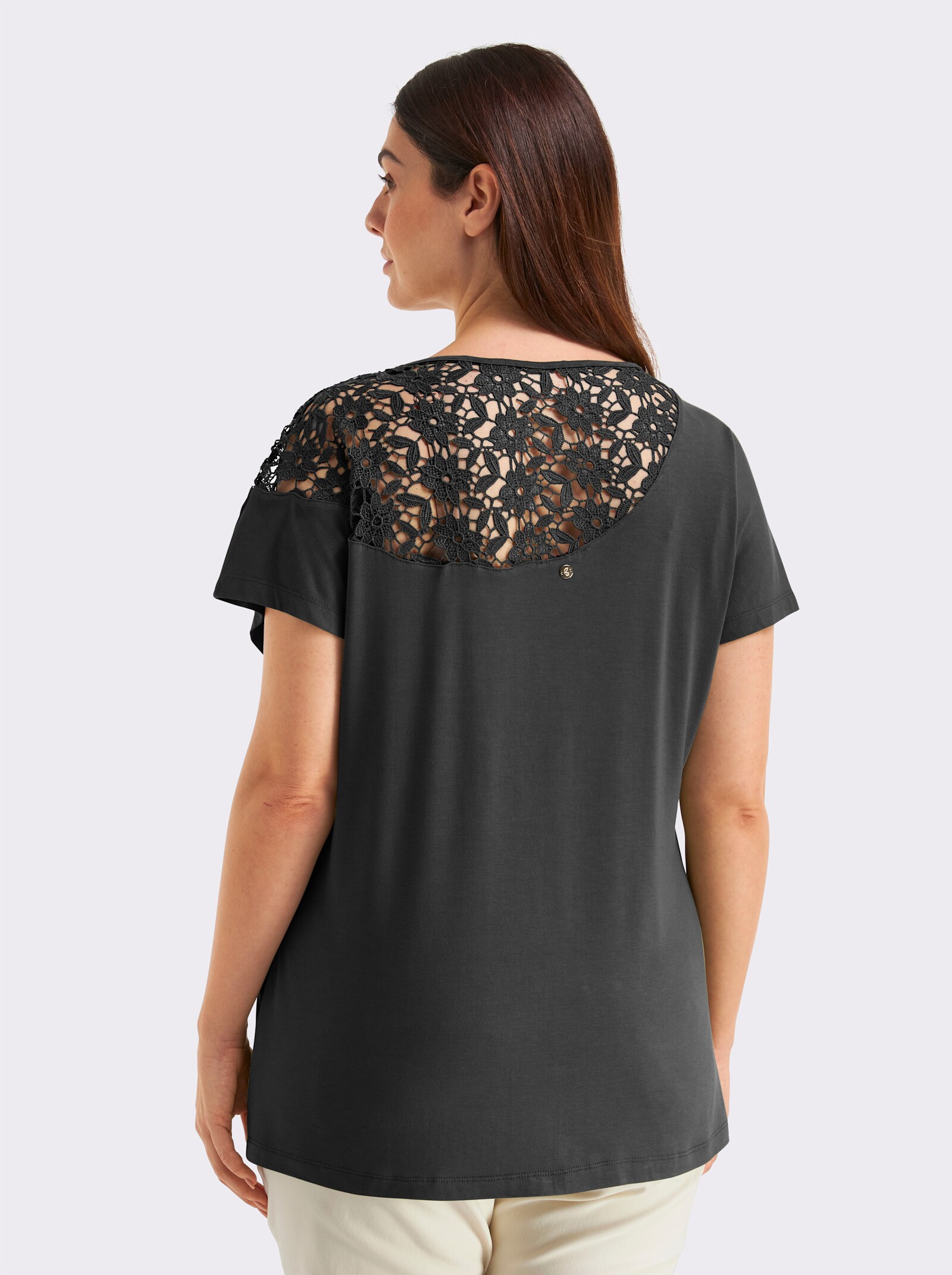 sheego Kurzarmshirt mit floraler Spitze - schwarz