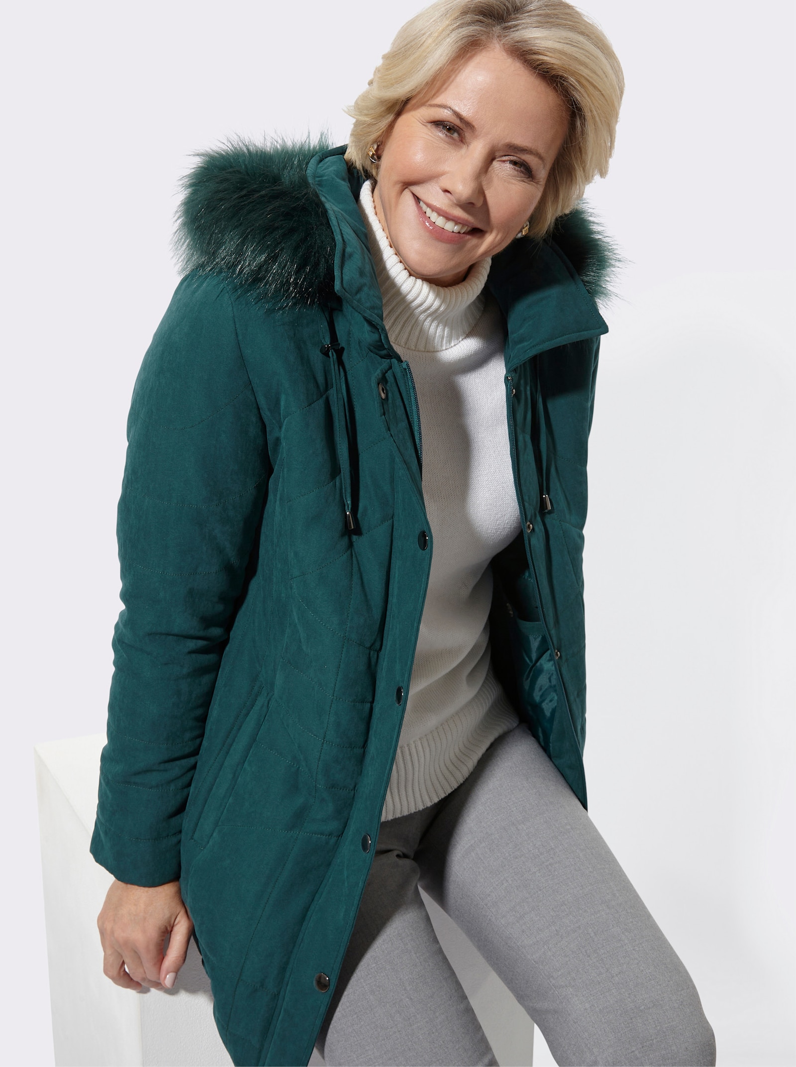 Kapuzenjacke Pelz-Imitat-Besatz - petrol