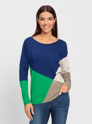 heine Feinstrickpullover in Colour-Blocking-Dessin - royalblau-grasgrün-gemustert