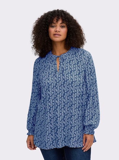 sheego Tunika mit Blütenprint und Smok-Details - jeansblau-gemustert