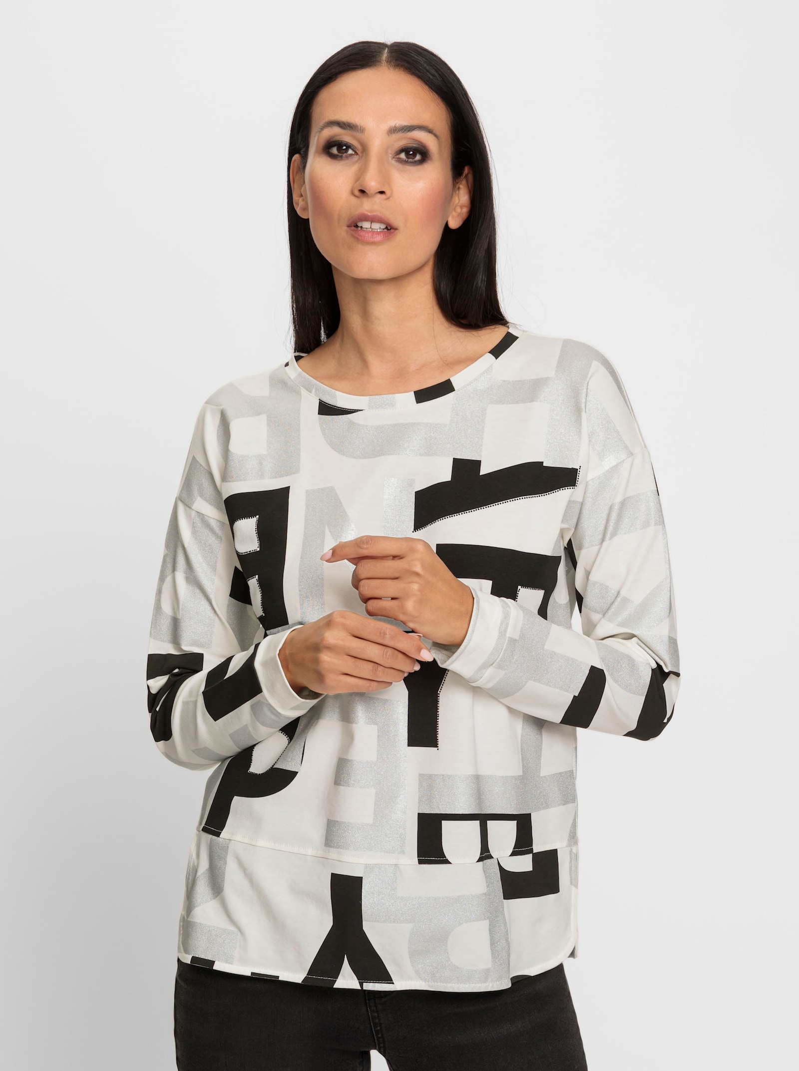 heine Langarmshirt mit Schmucksteinchen - ecru-schwarz-bedruckt