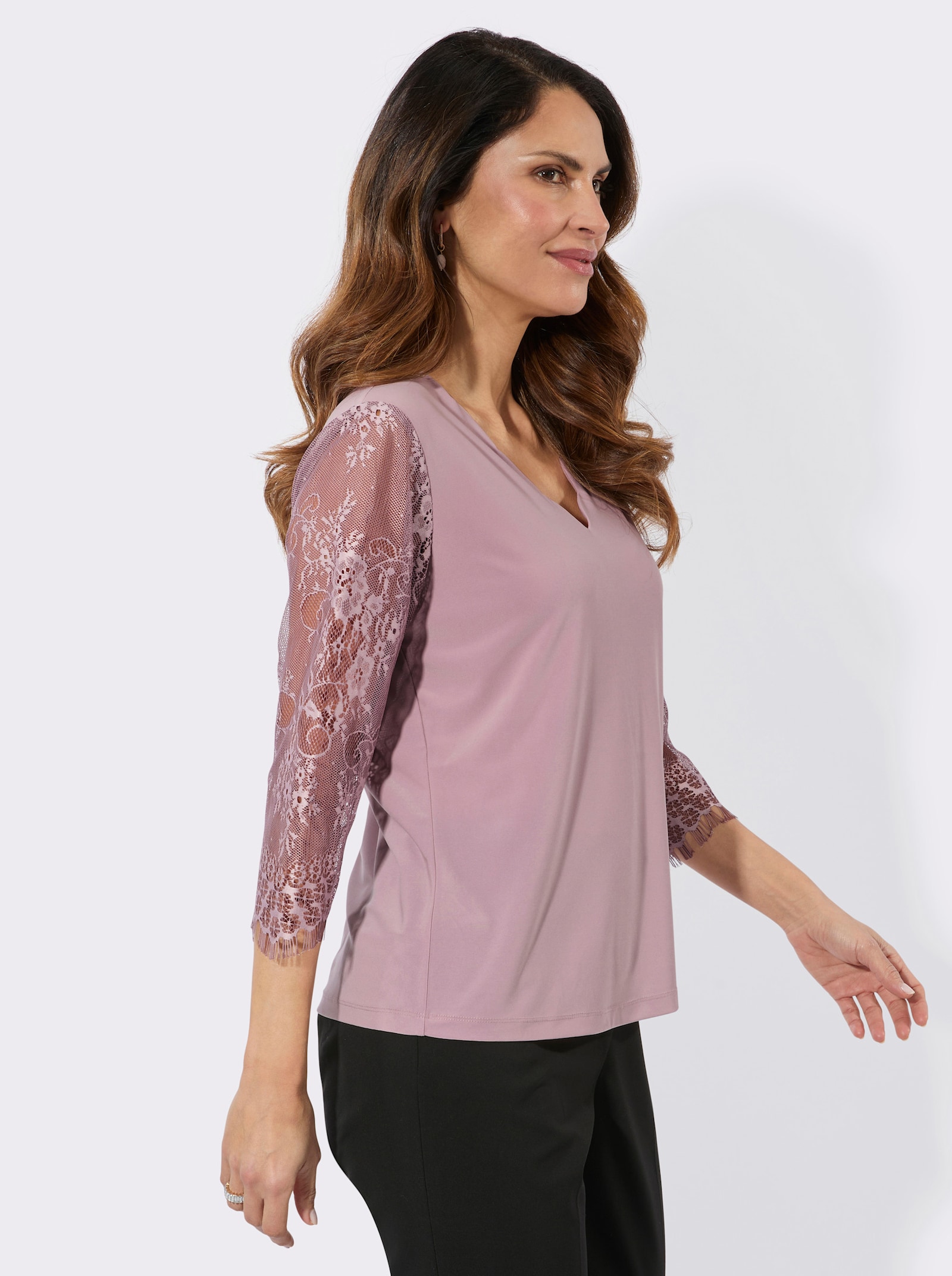 3/4-Arm-Shirt mit gebogtem V-Ausschnitt - mauve