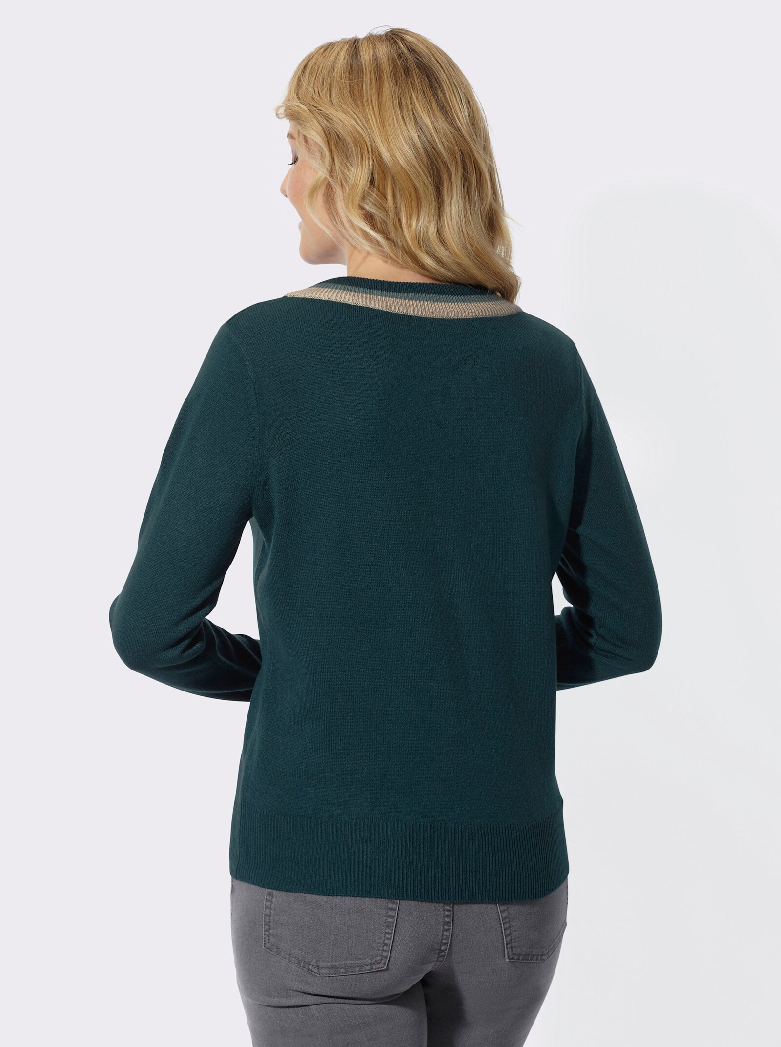 Langarm-Pullover mit Streifen am V-Ausschnitt - petrol-jade